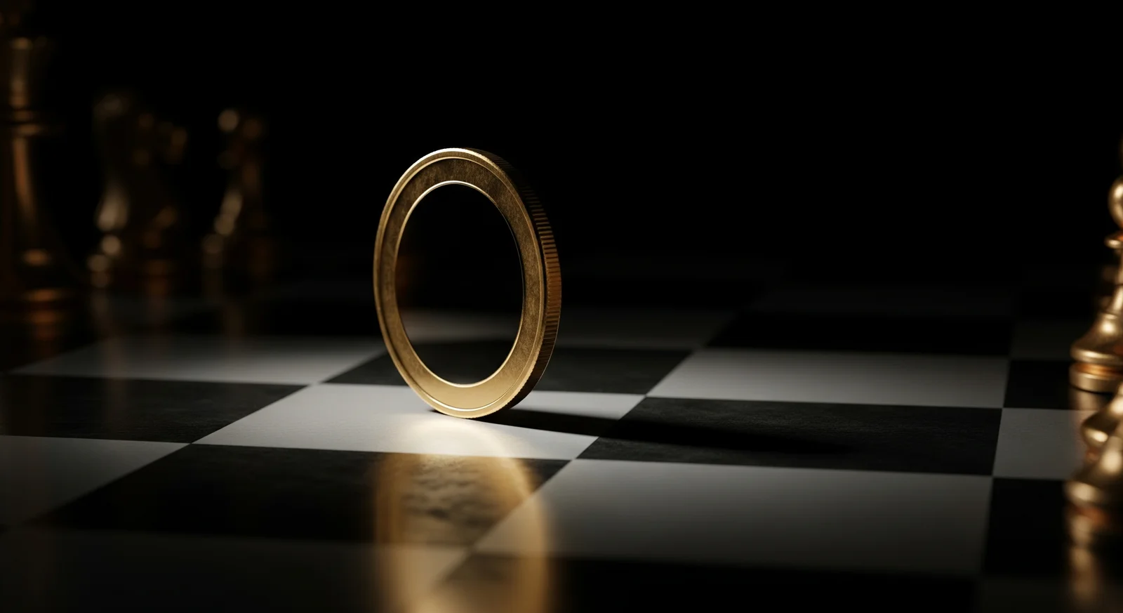 A coin standing on a chessboard symbolising the asymmetric Dhandho bet - heads wins big, tails loses little