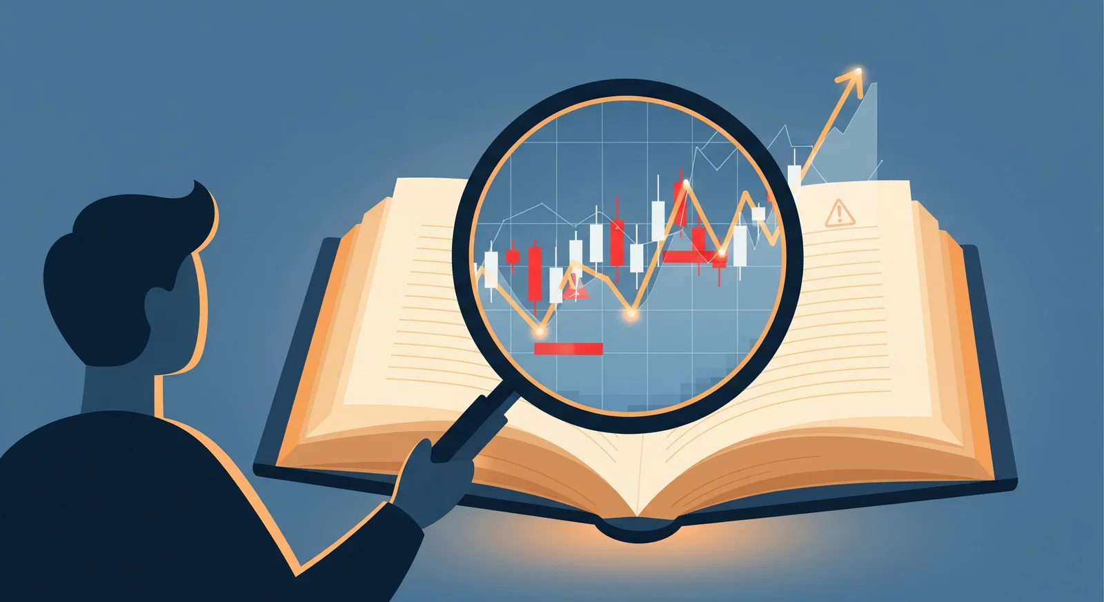 Illustration of the narrative fallacy - an investor viewing a stock chart through an open book that blurs the real warning signals behind it
