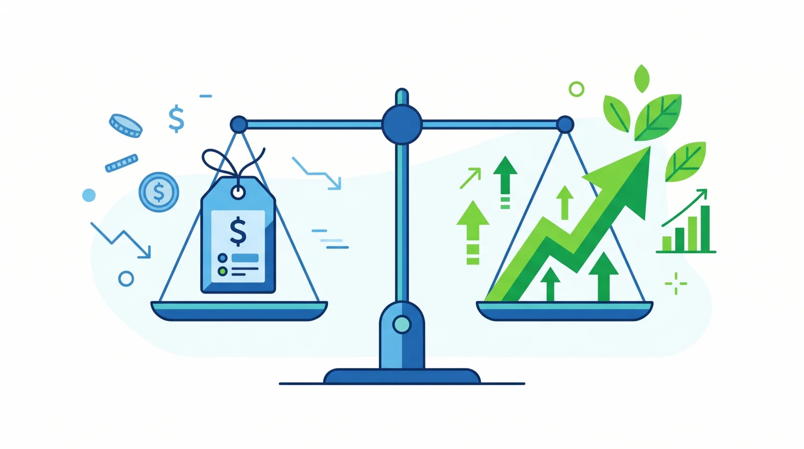 Illustration of the PEG ratio concept: a balance scale weighing a price tag against a green growth arrow