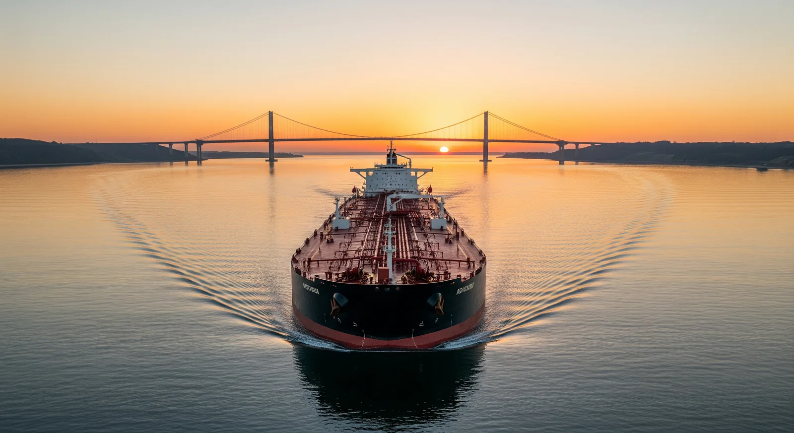 A commercial oil tanker sailing safely through a calm narrow strait at dawn, symbolising the reopening of the Strait of Hormuz and the stability of energy supply