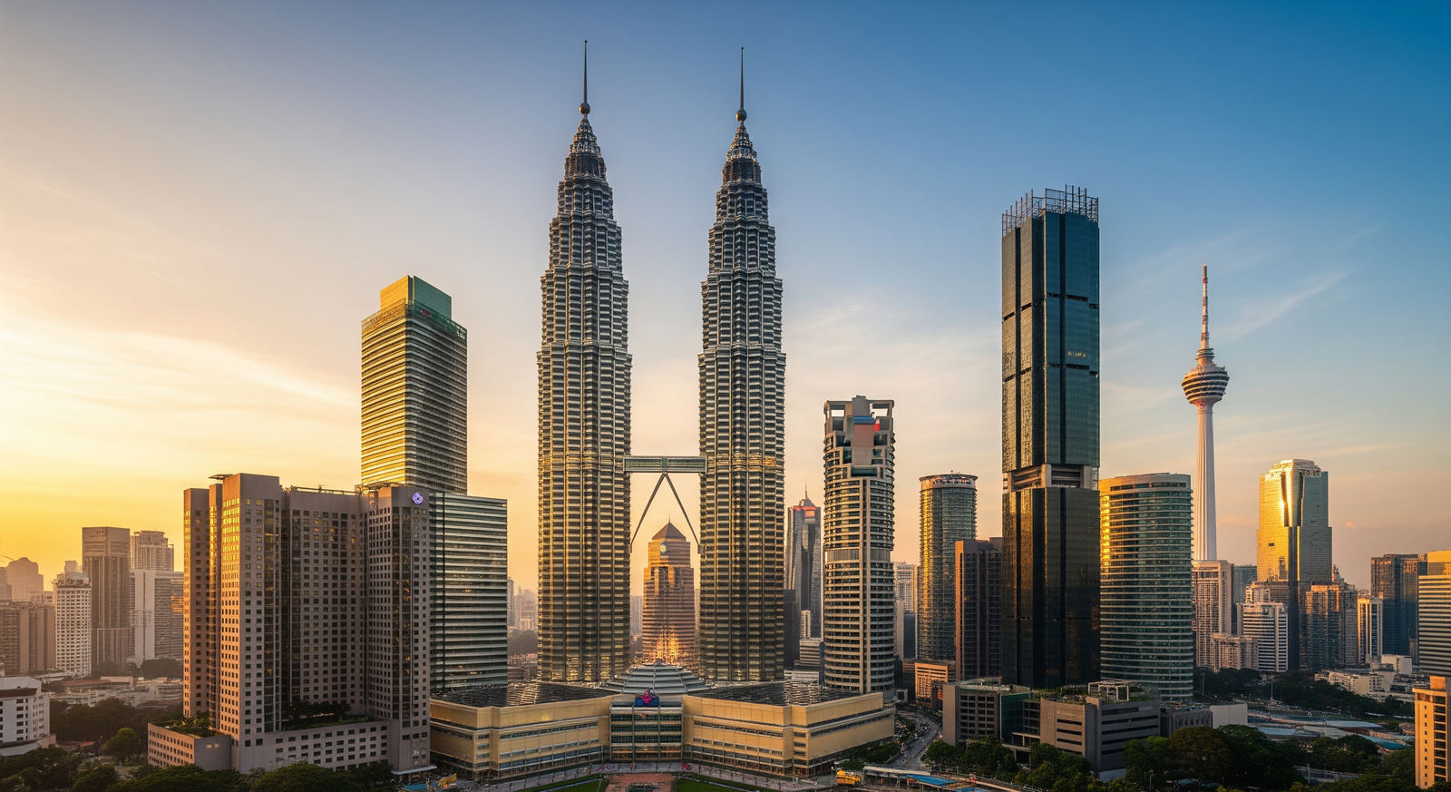 Kaki langit pusat perniagaan Kuala Lumpur dan menara KLCC pada waktu senja, mewakili syarikat tersenarai di Bursa Malaysia