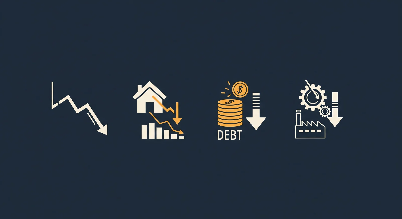 Infographic of four warning signs in Australia's economy: per capita decline, high household debt, housing crisis, and weak productivity