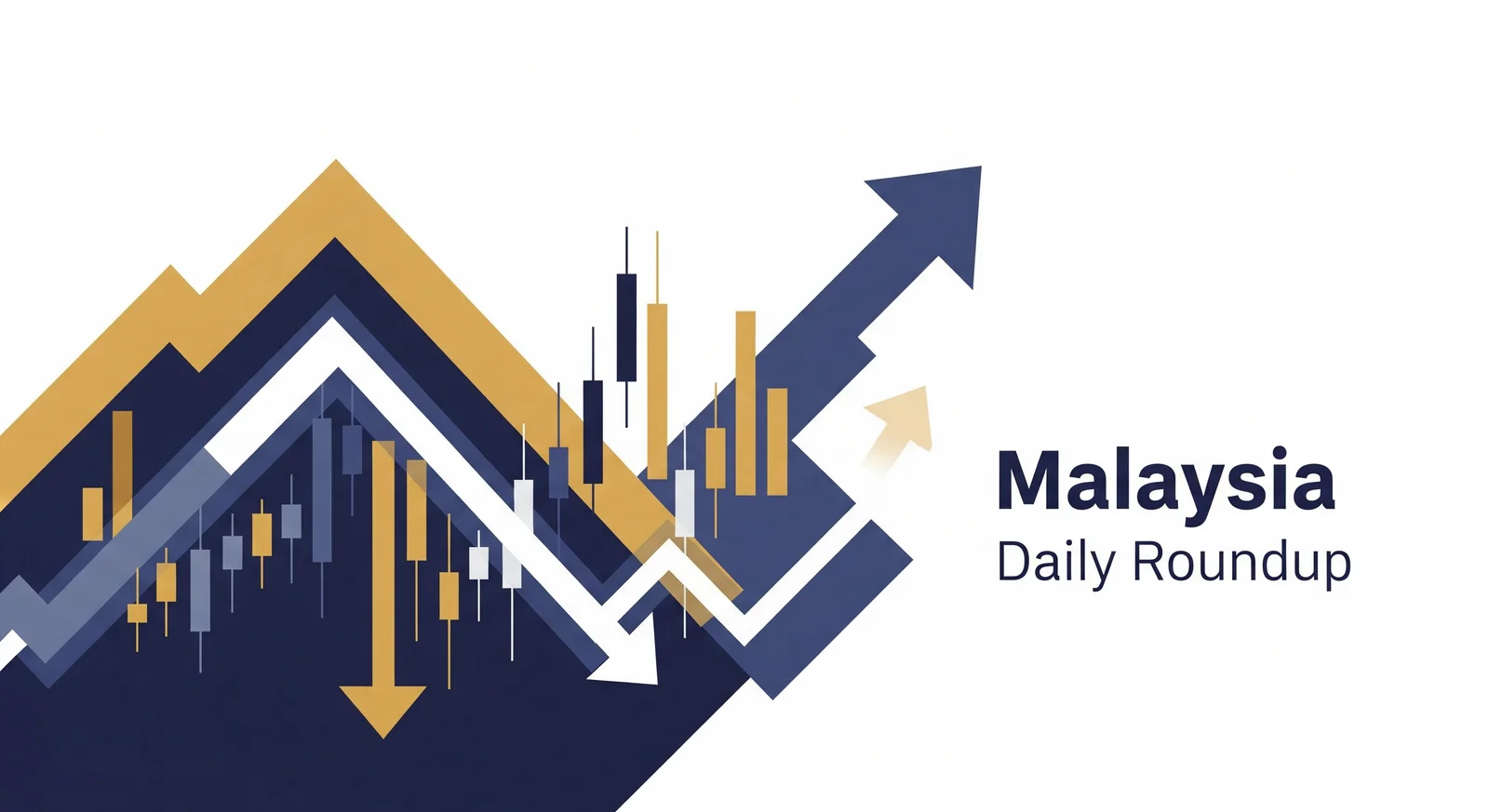 Infographic illustration of a Bursa Malaysia stock market daily roundup with up and down arrows
