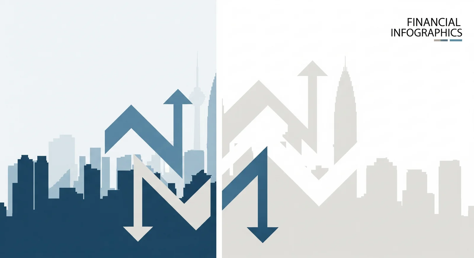 Infographic illustration of a Bursa Malaysia stock market recap with up and down arrows over a city skyline