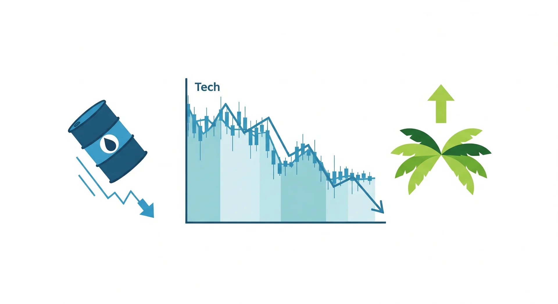 Infografik menunjukkan harga minyak dan saham teknologi menurun manakala saham perladangan meningkat pada 23 Jun 2026