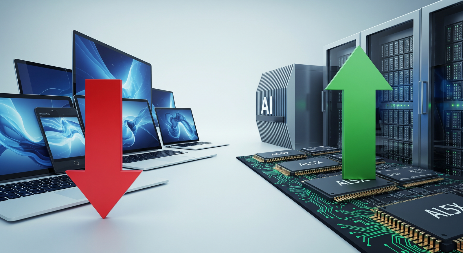 Illustration contrasting a red downward arrow over consumer laptops and tablets with a green upward arrow over AI data centre servers and memory chips