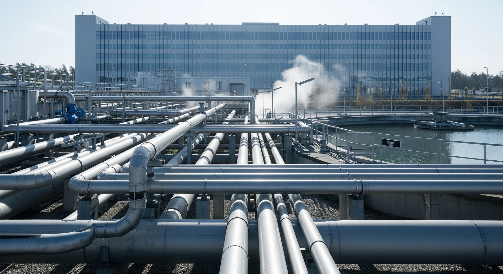 Water treatment plant pipes supplying a data centre - illustrating the link between water demand and the data centre boom in Malaysia