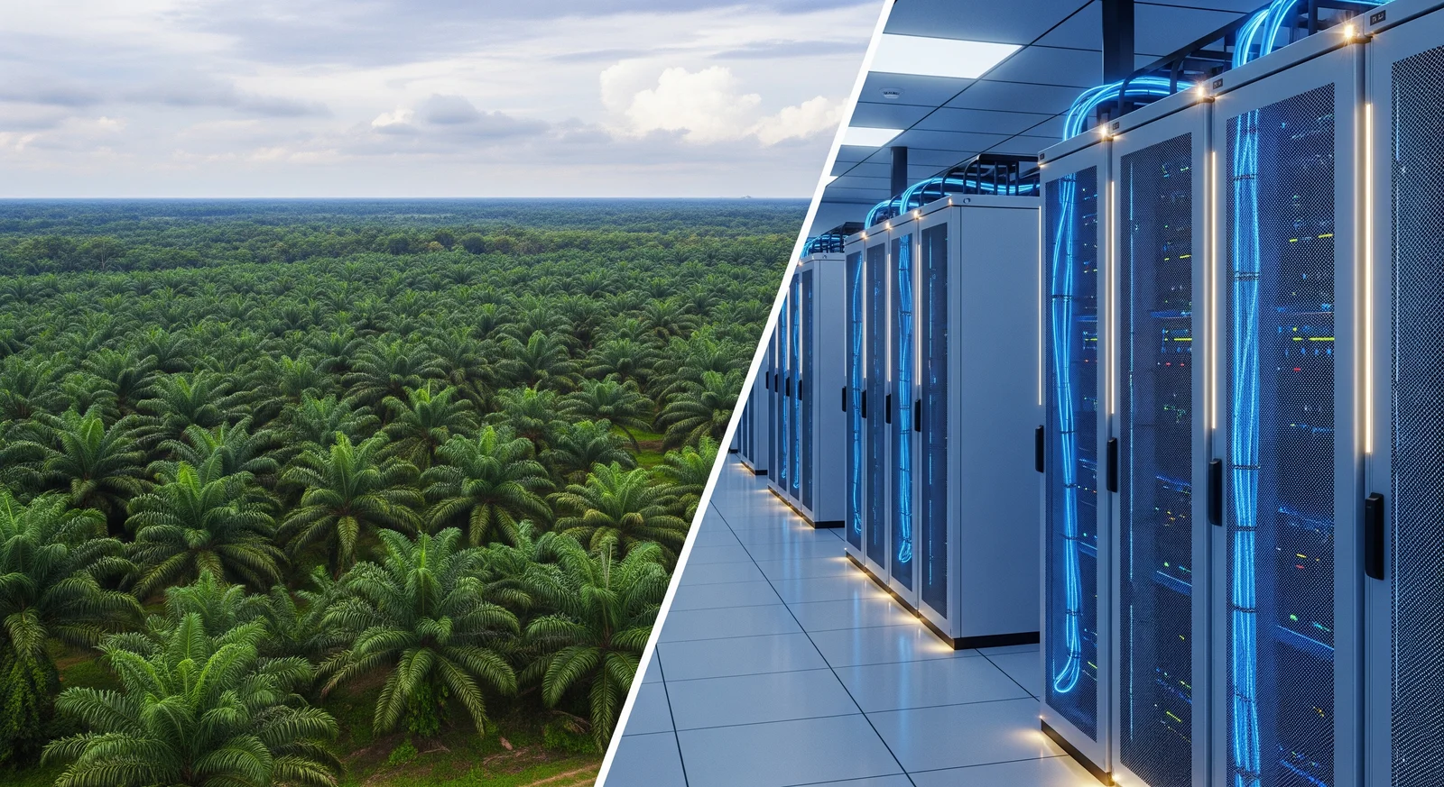Oil palm plantation and a data centre server room - the two key local themes favoured by M+ Global for Bursa Malaysia