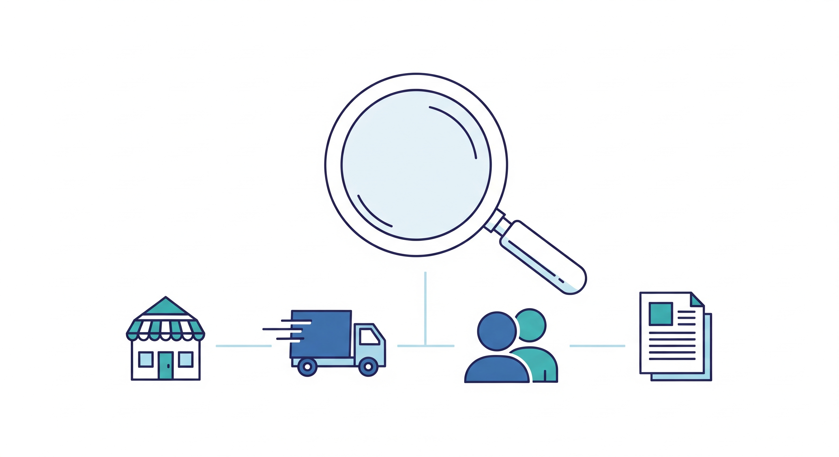 Illustration of Phil Fisher's scuttlebutt method showing a magnifying glass connected to icons of customers, suppliers, competitors and employees