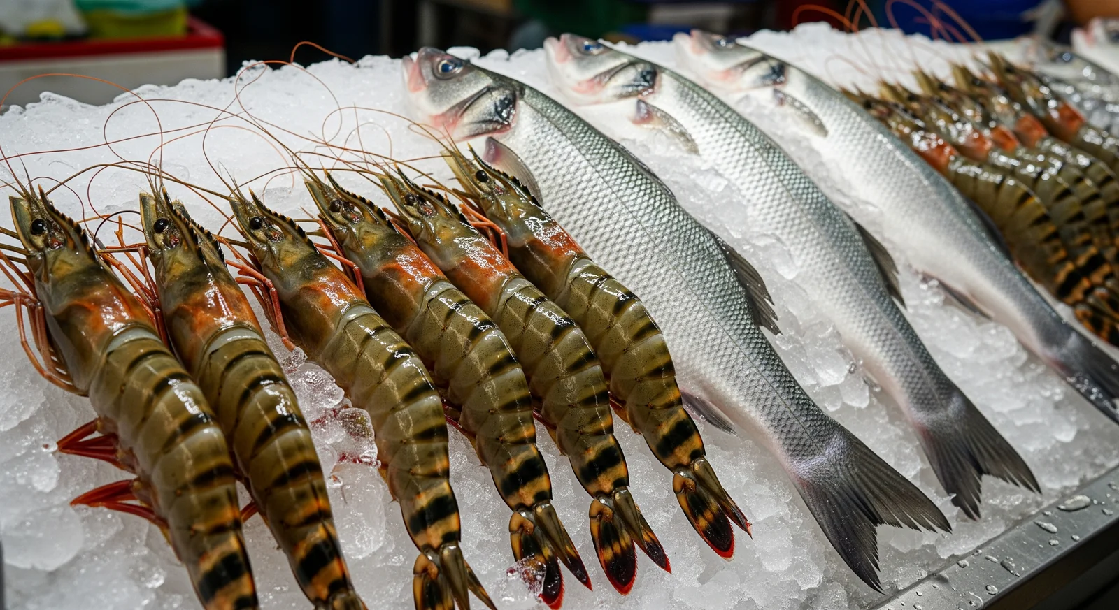 Fresh tiger prawns and whole sea bass on ice at a Malaysian wet market stall