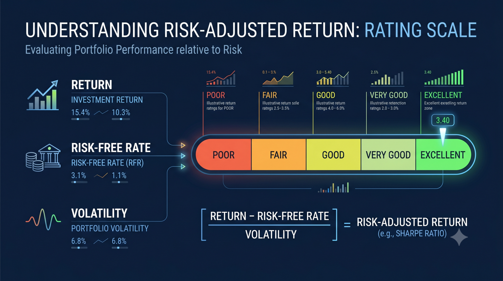 Infografik skala penilaian pulangan diselaraskan risiko menunjukkan komponen pulangan, kadar bebas risiko dan volatiliti dengan gauge dari Poor ke Excellent serta formula Sharpe Ratio