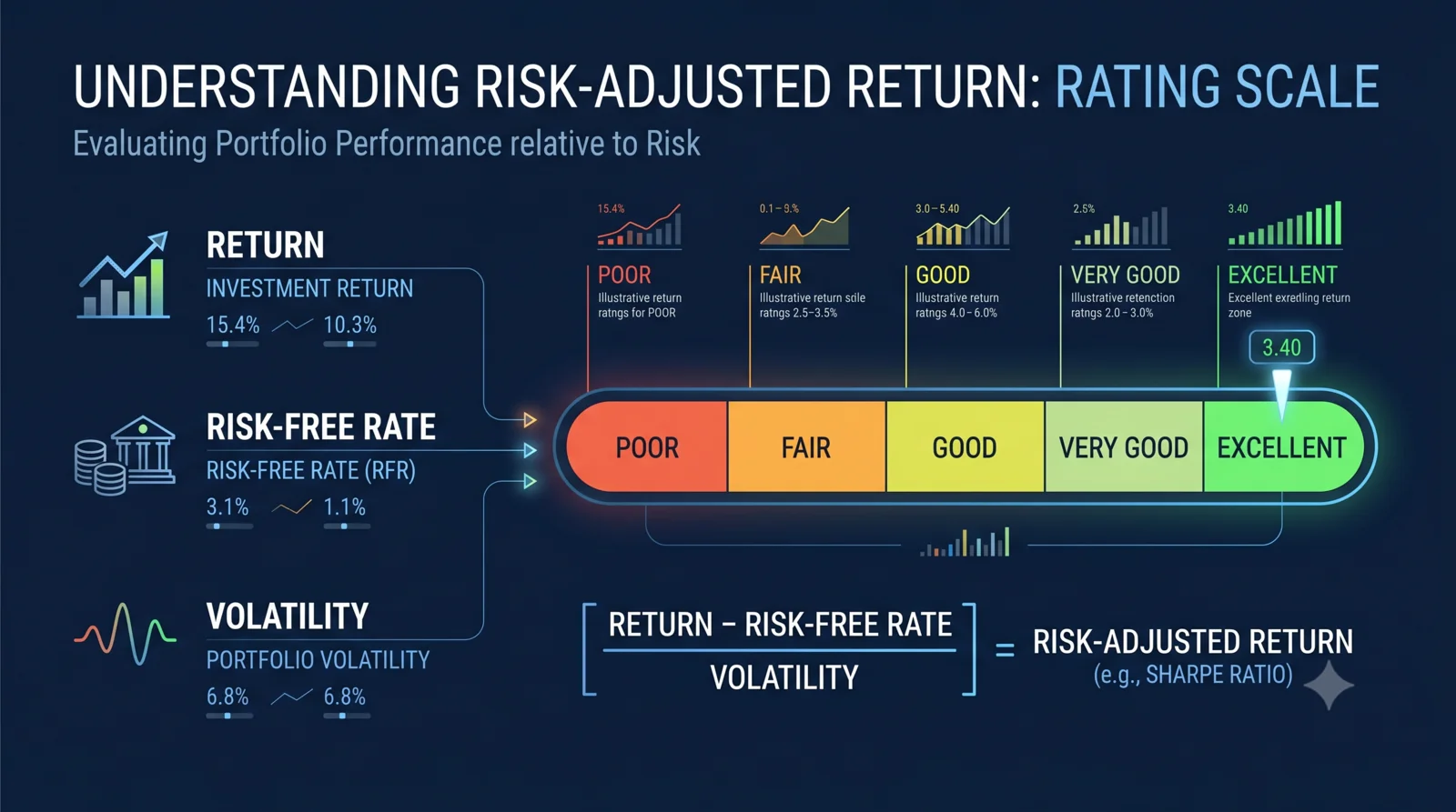 Infografik skala penilaian pulangan diselaraskan risiko menunjukkan komponen pulangan, kadar bebas risiko dan volatiliti dengan gauge dari Poor ke Excellent serta formula Sharpe Ratio