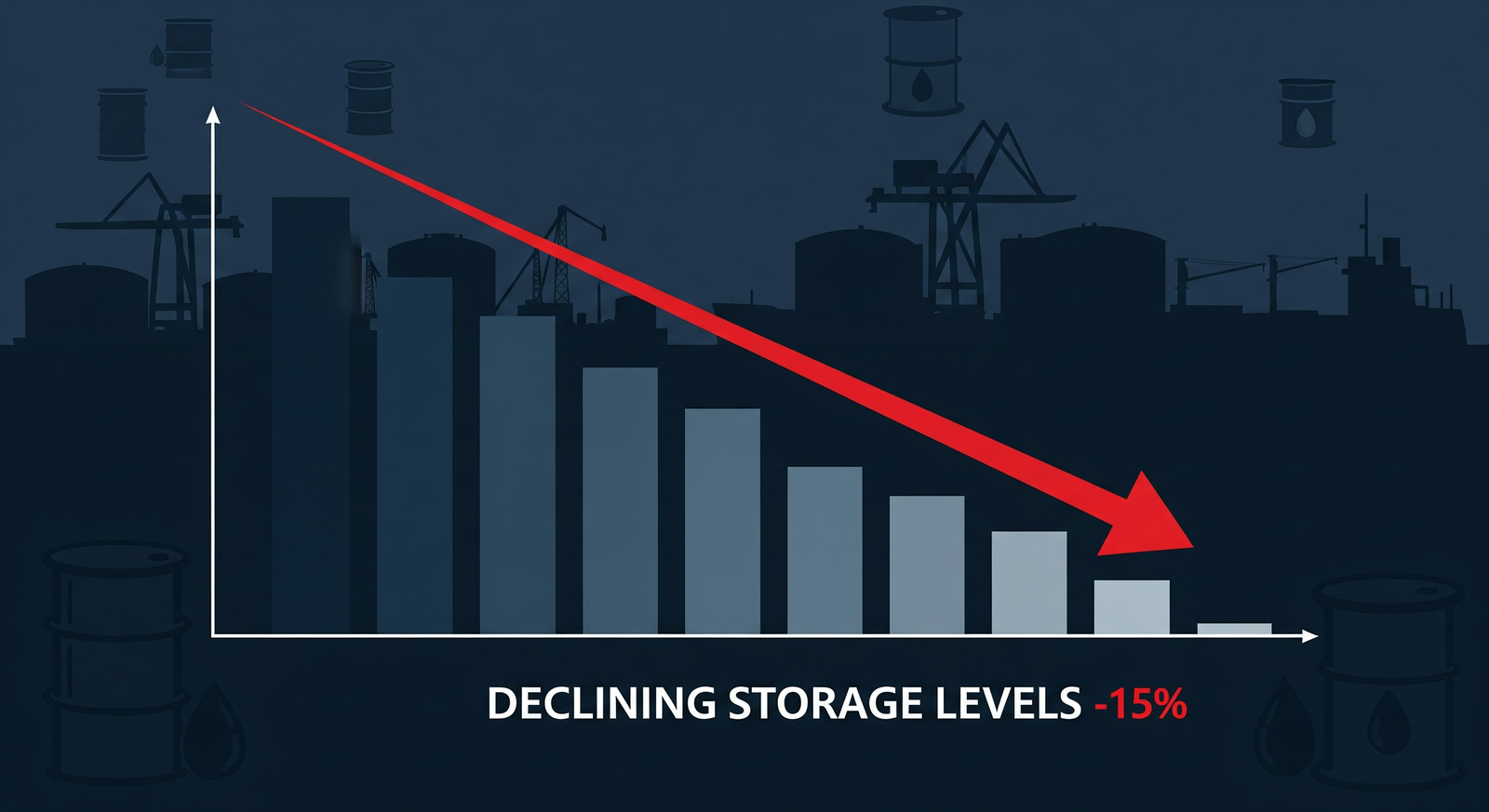 Infographic showing declining Singapore oil storage levels with a downward red arrow