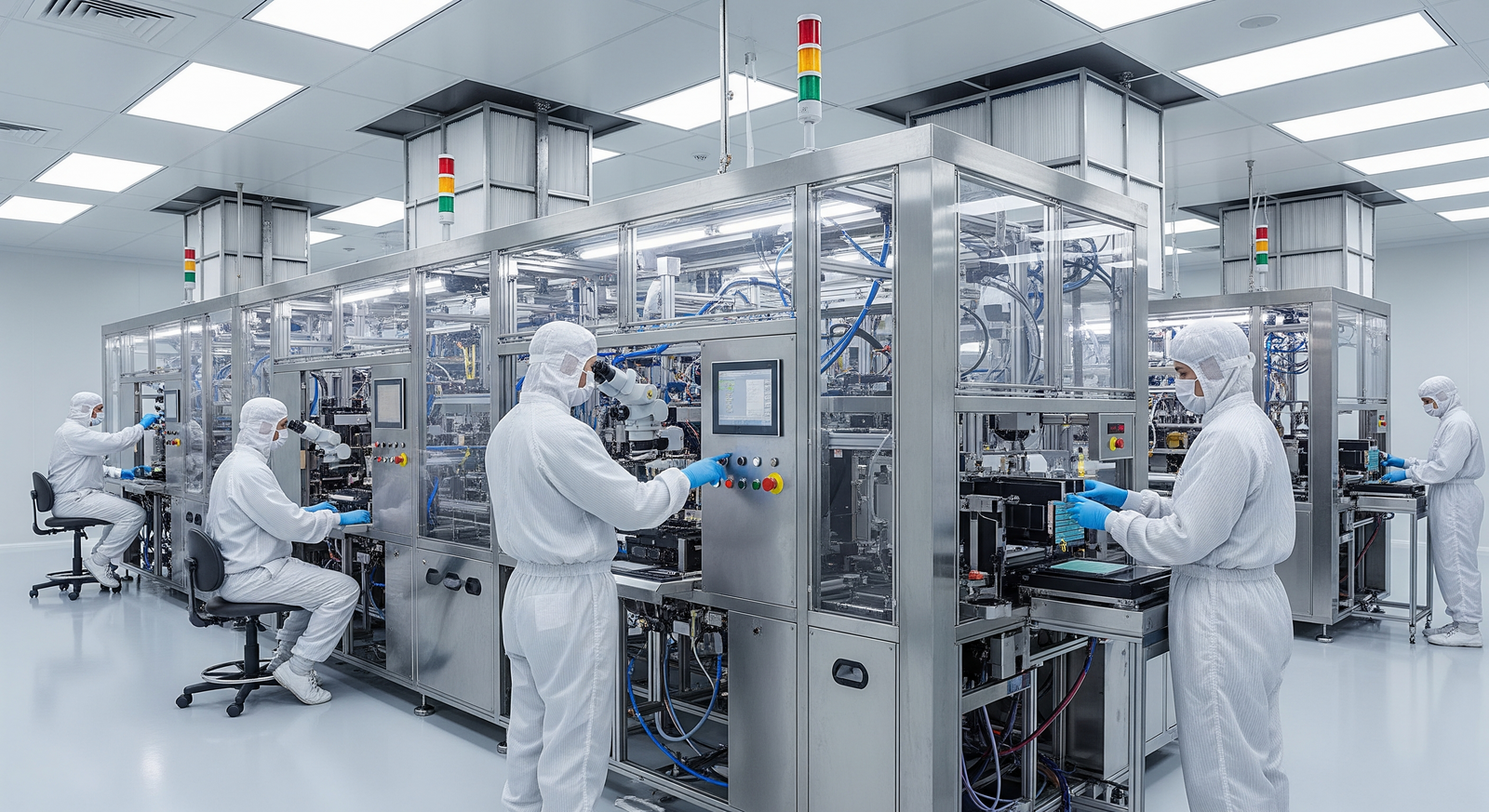 Bahagian dalam fasiliti cleanroom semikonduktor moden dengan juruteknik memakai pakaian pelindung putih