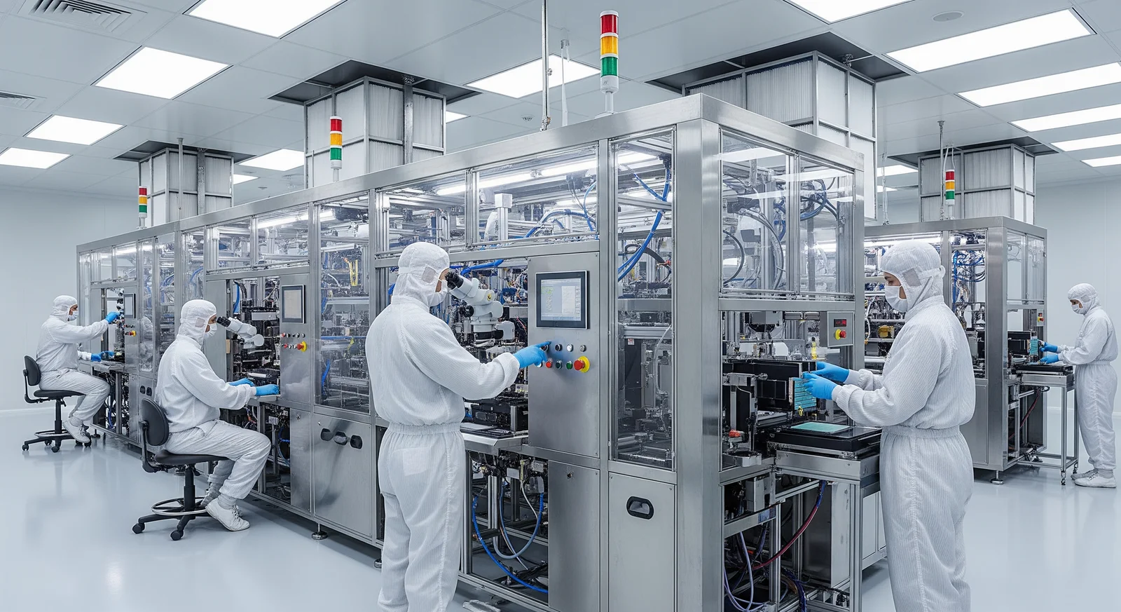 Interior of a modern semiconductor cleanroom facility with technicians in white protective coveralls
