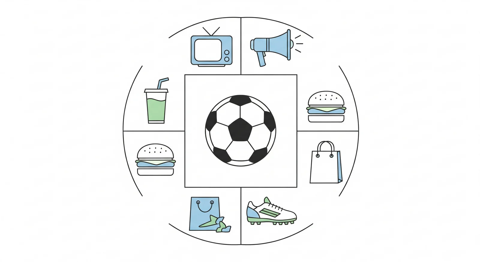 Infographic of sectors that benefit during the World Cup: broadcasting, advertising, food and beverage, retail, and sportswear