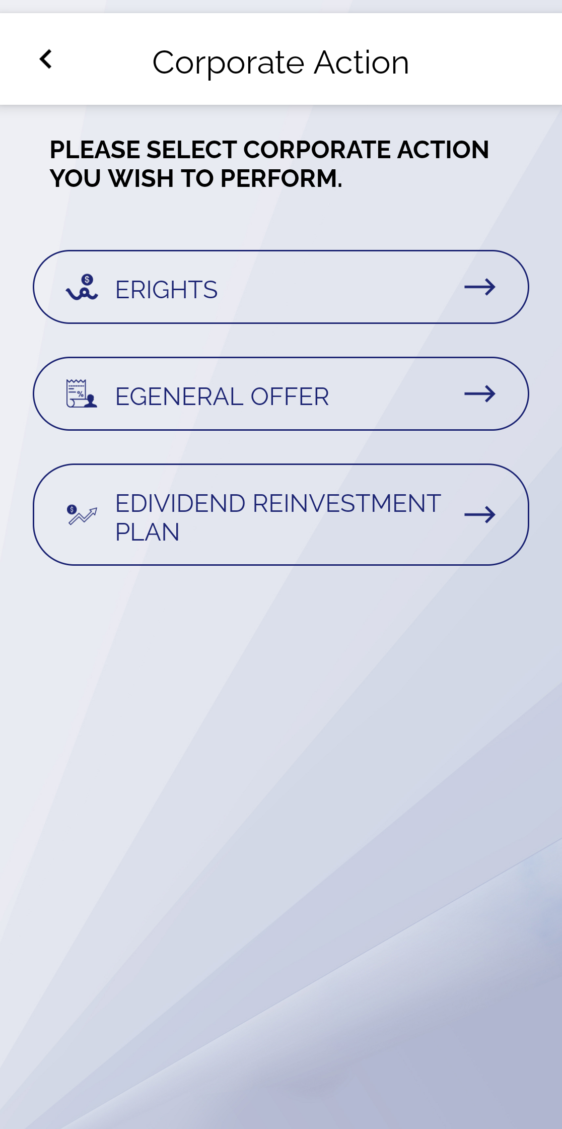 Skrin Corporate Action Bursa Anywhere dengan pilihan eRights, eGeneral Offer dan eDividend Reinvestment Plan