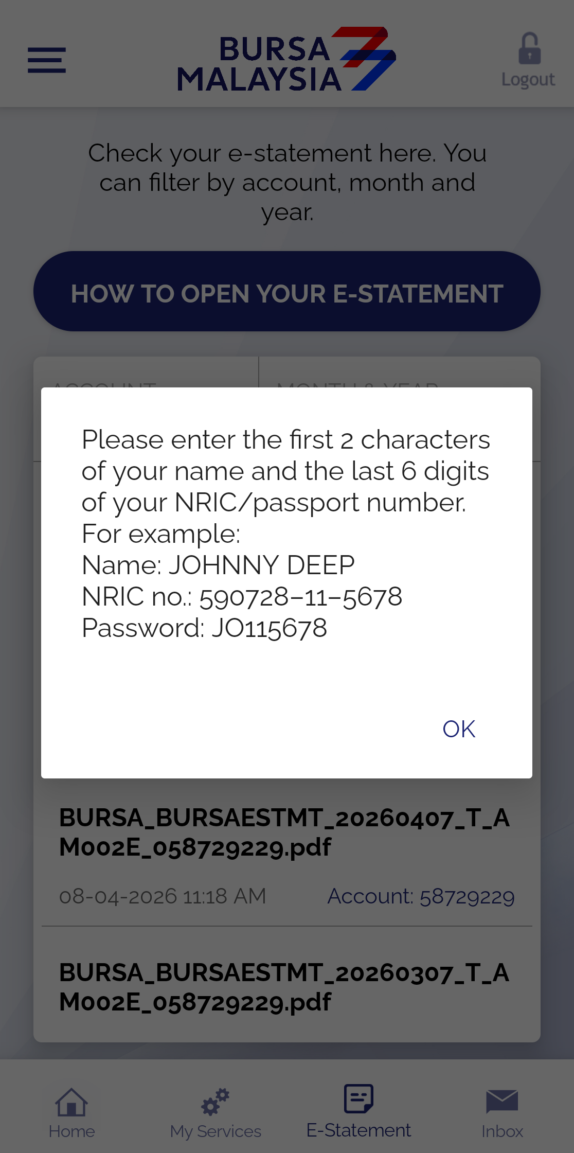 The How to open your e-statement dialog explaining the PDF password format