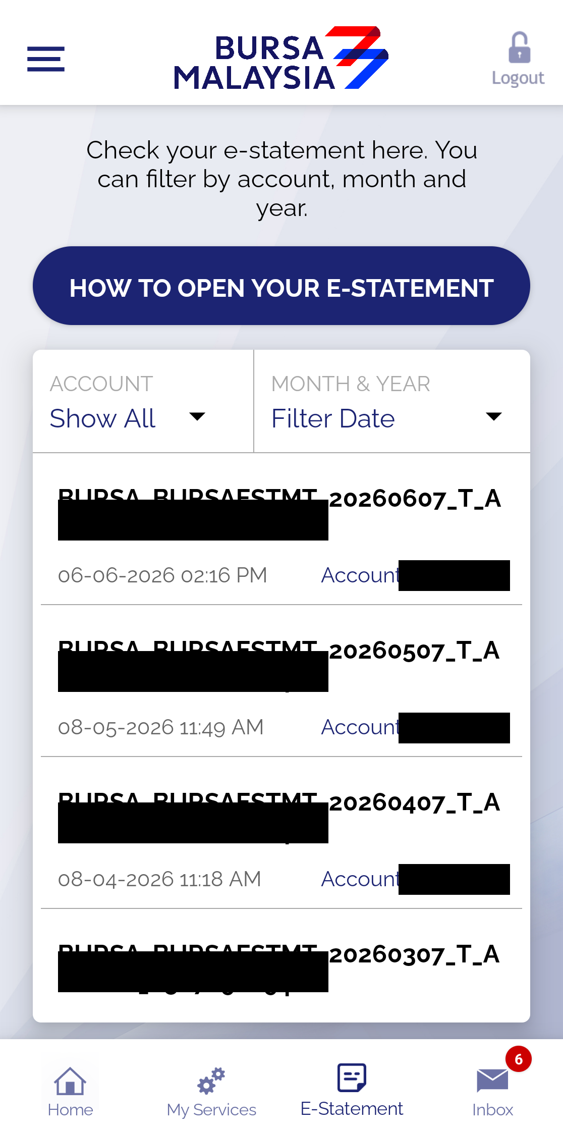 Bursa Anywhere E-Statement tab displaying a list of monthly PDF statements