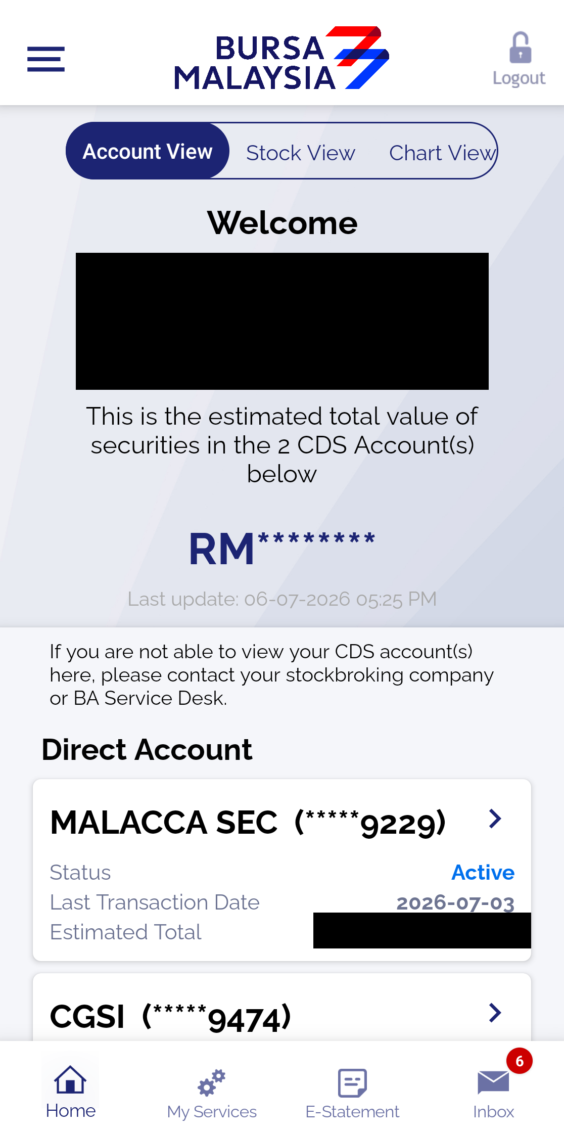 Skrin Home Bursa Anywhere memaparkan Account View dengan kad akaun CDS