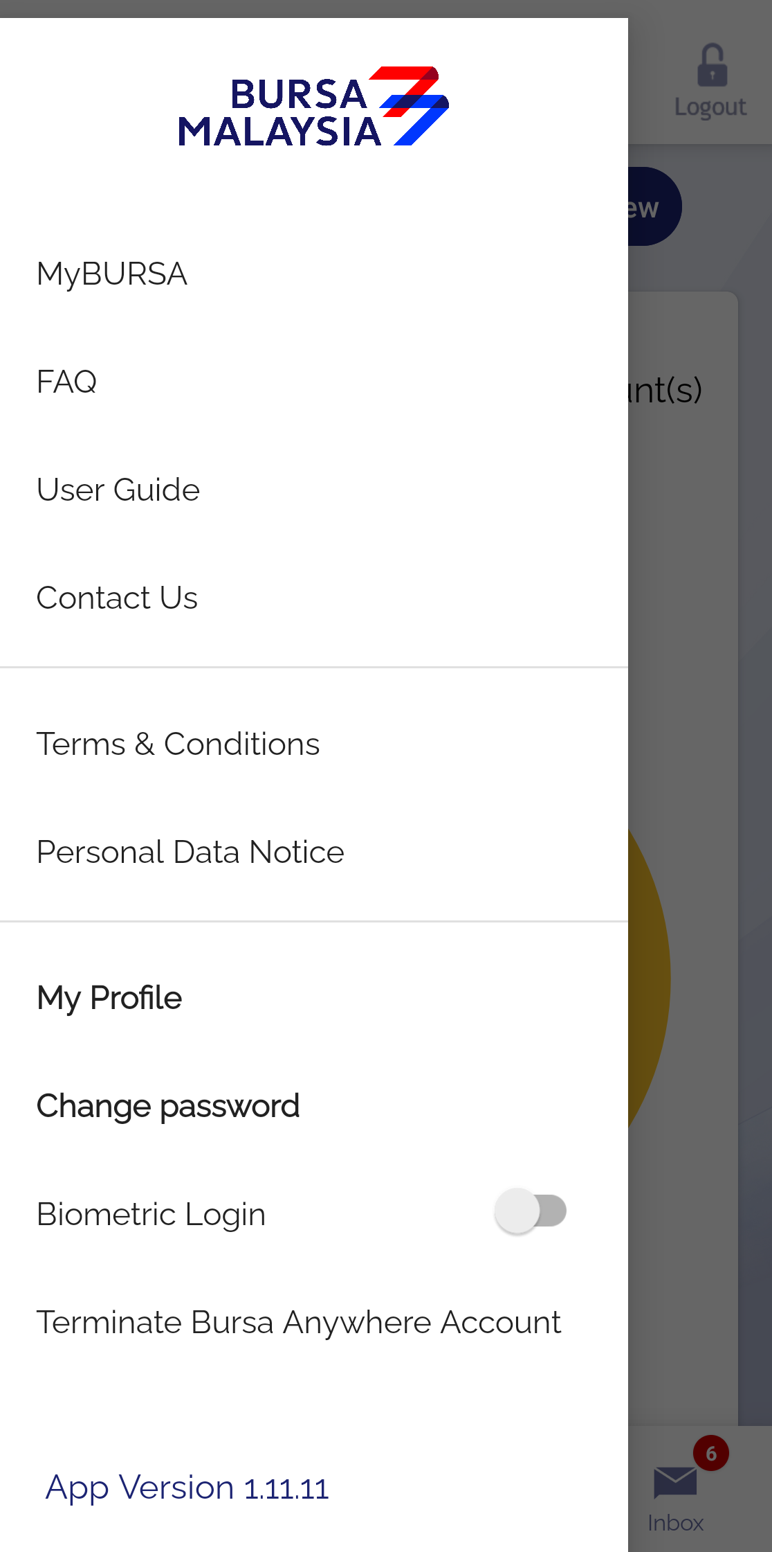 Menu sisi Bursa Anywhere dengan pilihan profil dan keselamatan