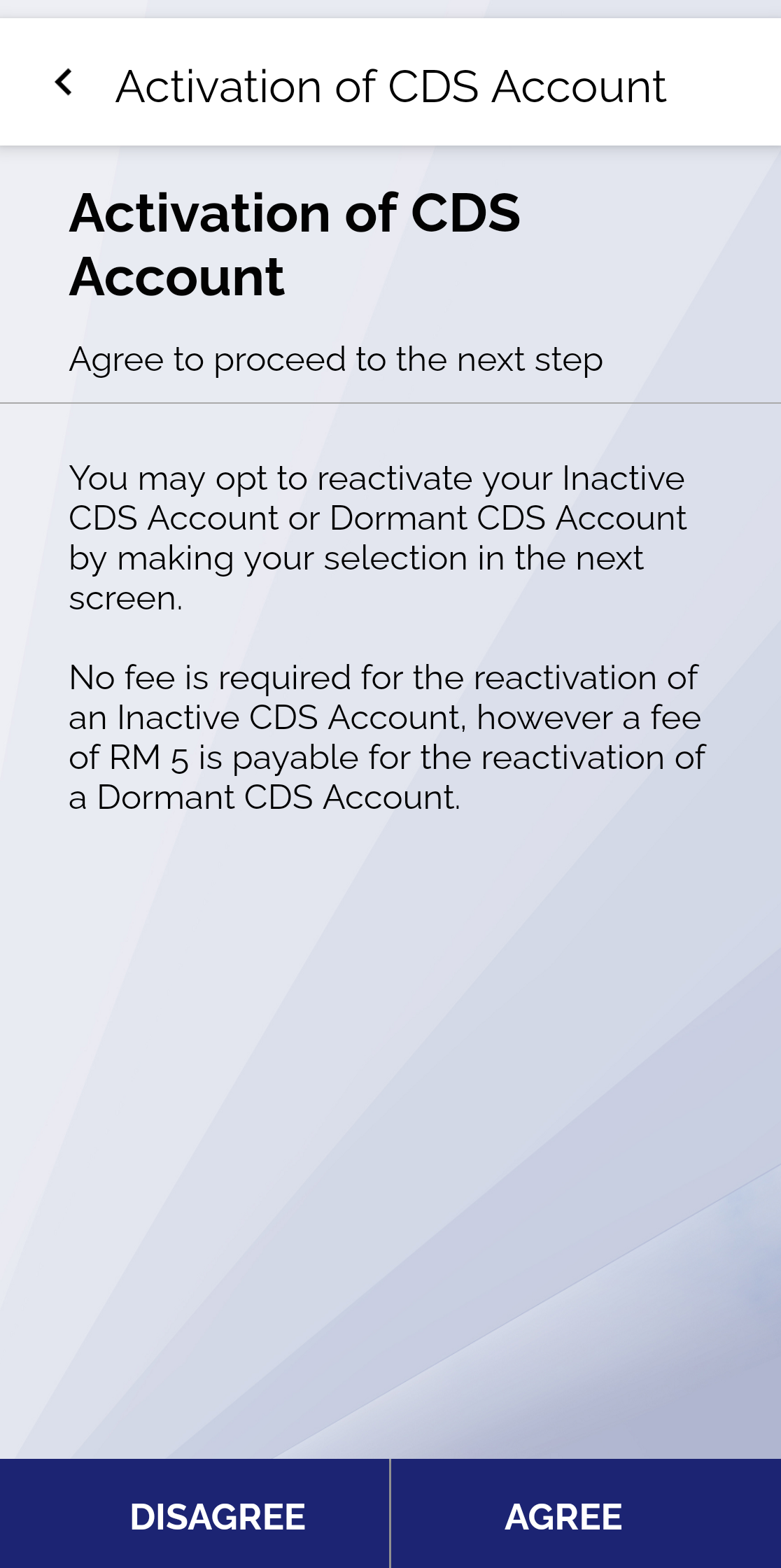 Bursa Anywhere Activation of CDS Account screen explaining Inactive is free and Dormant costs RM5