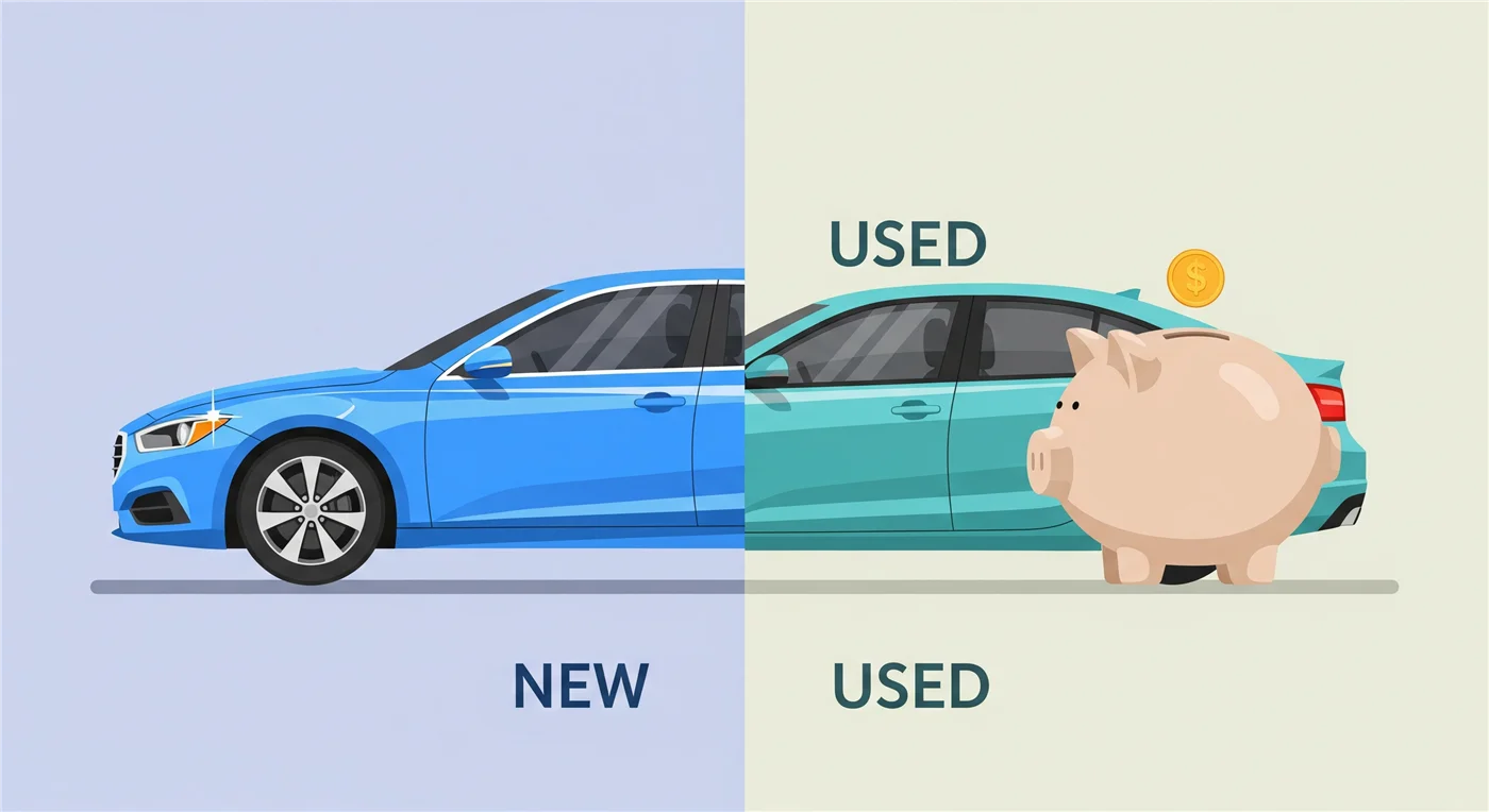 Ilustrasi perbandingan kereta baru dan kereta terpakai dengan tabung simpanan di sebelah kereta terpakai