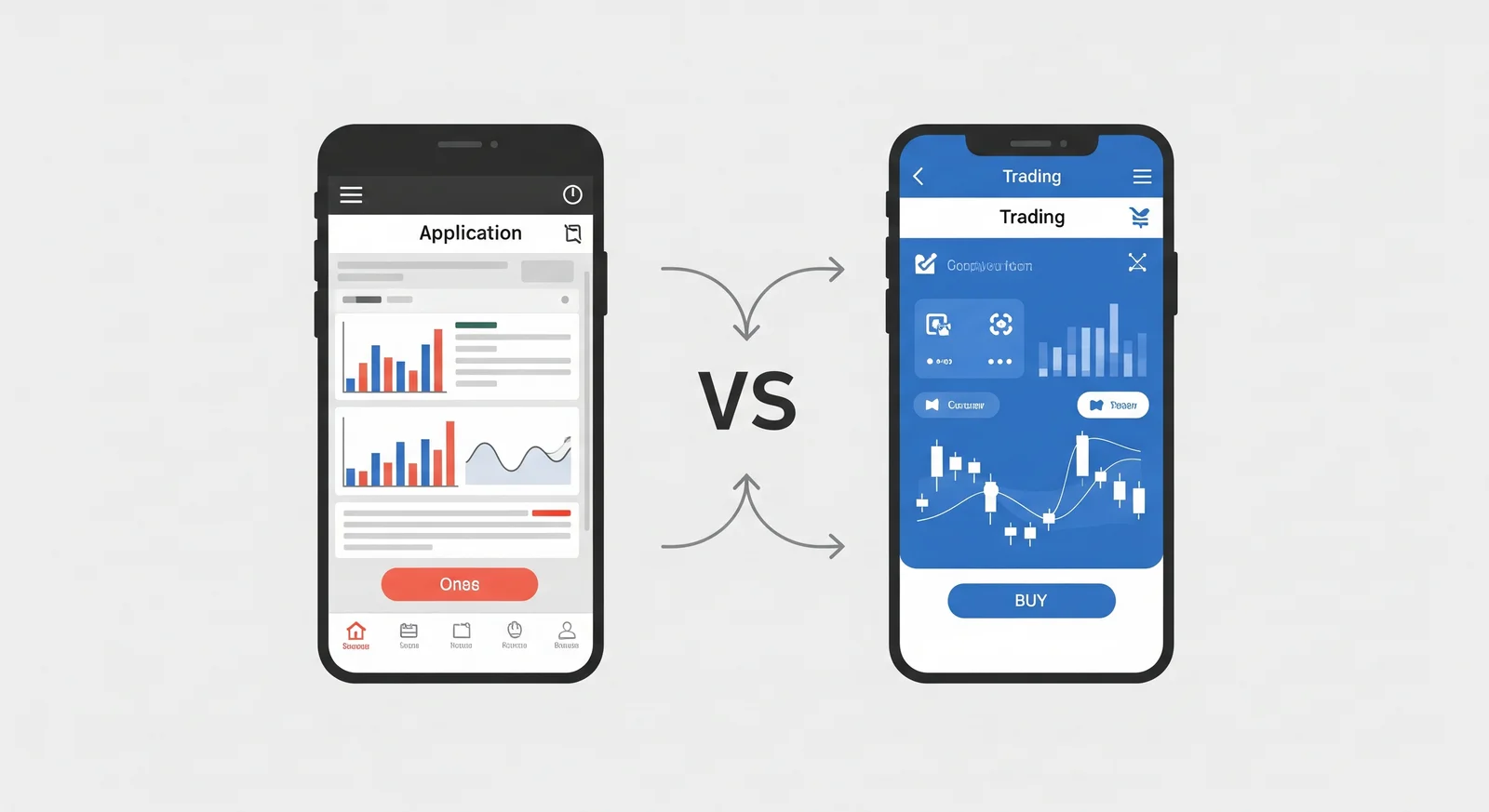 Perbandingan visual antara app M+ Online dan M+ Global menunjukkan peralihan ke platform trading moden