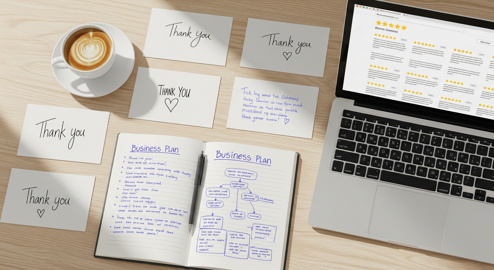 Flat lay ruang kerja usahawan dengan kad terima kasih pelanggan, rancangan perniagaan dan komputer riba