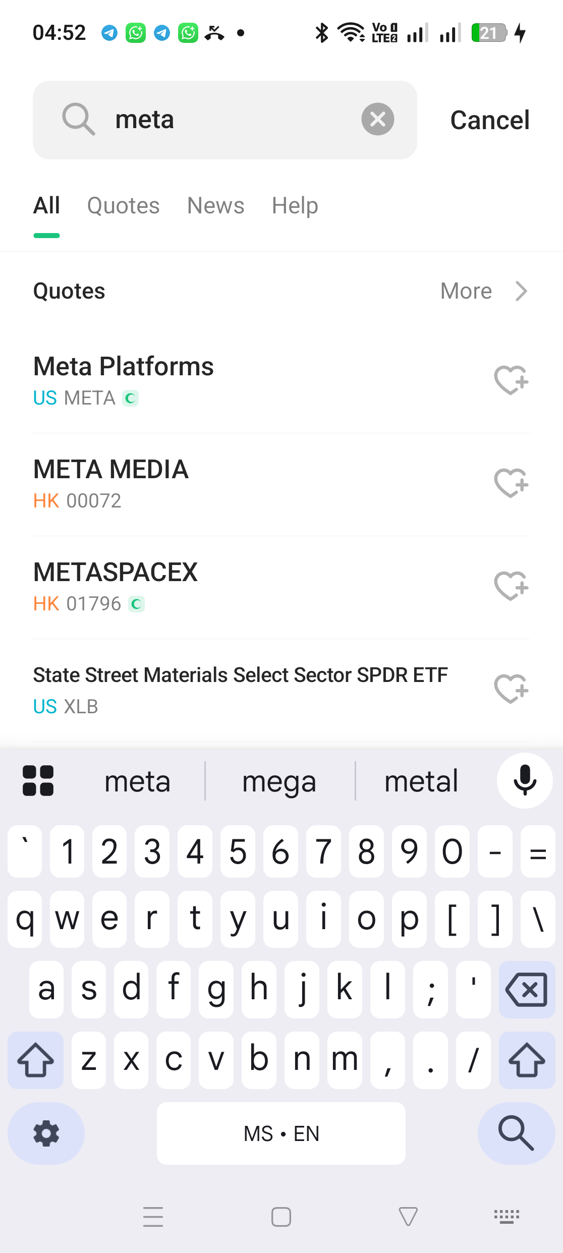 M+ Global search screen showing results for meta with Meta Platforms US META at the top of the list