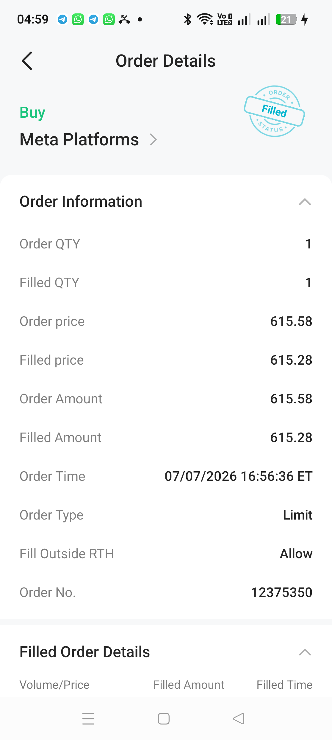 Order Details page in M+ Global showing order price 615.58 filled price 615.28 order time and Fill Outside RTH Allow