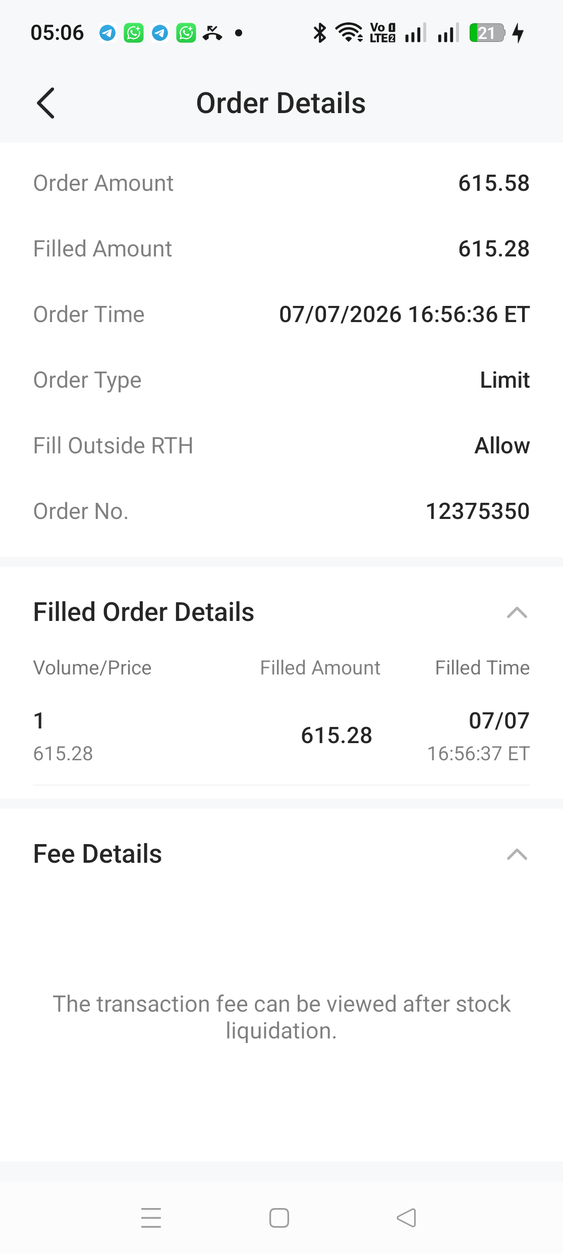 Fee Details section in M+ Global Order Details displaying the message The transaction fee can be viewed after stock liquidation