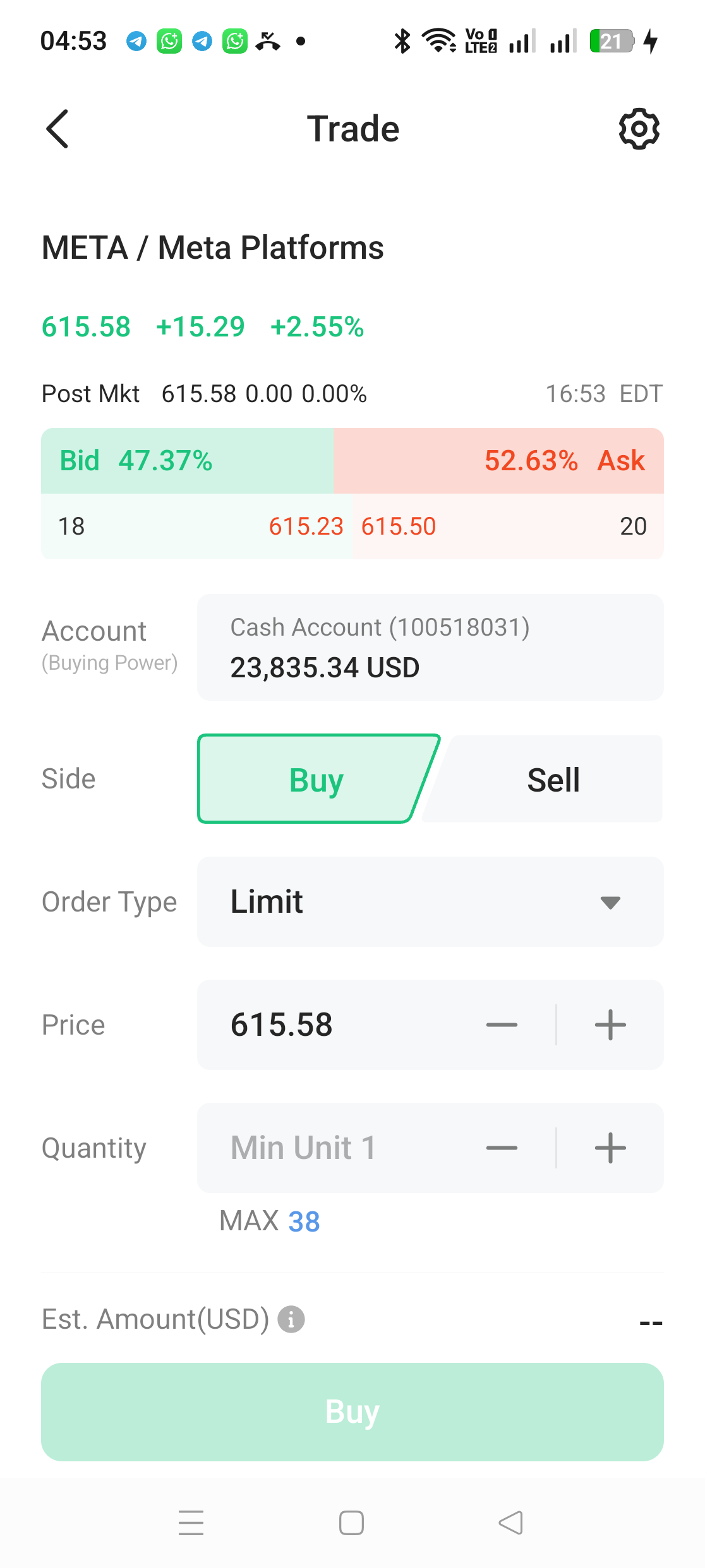 M+ Global order ticket for META showing bid ask, cash account buying power, order type Limit, price and quantity fields
