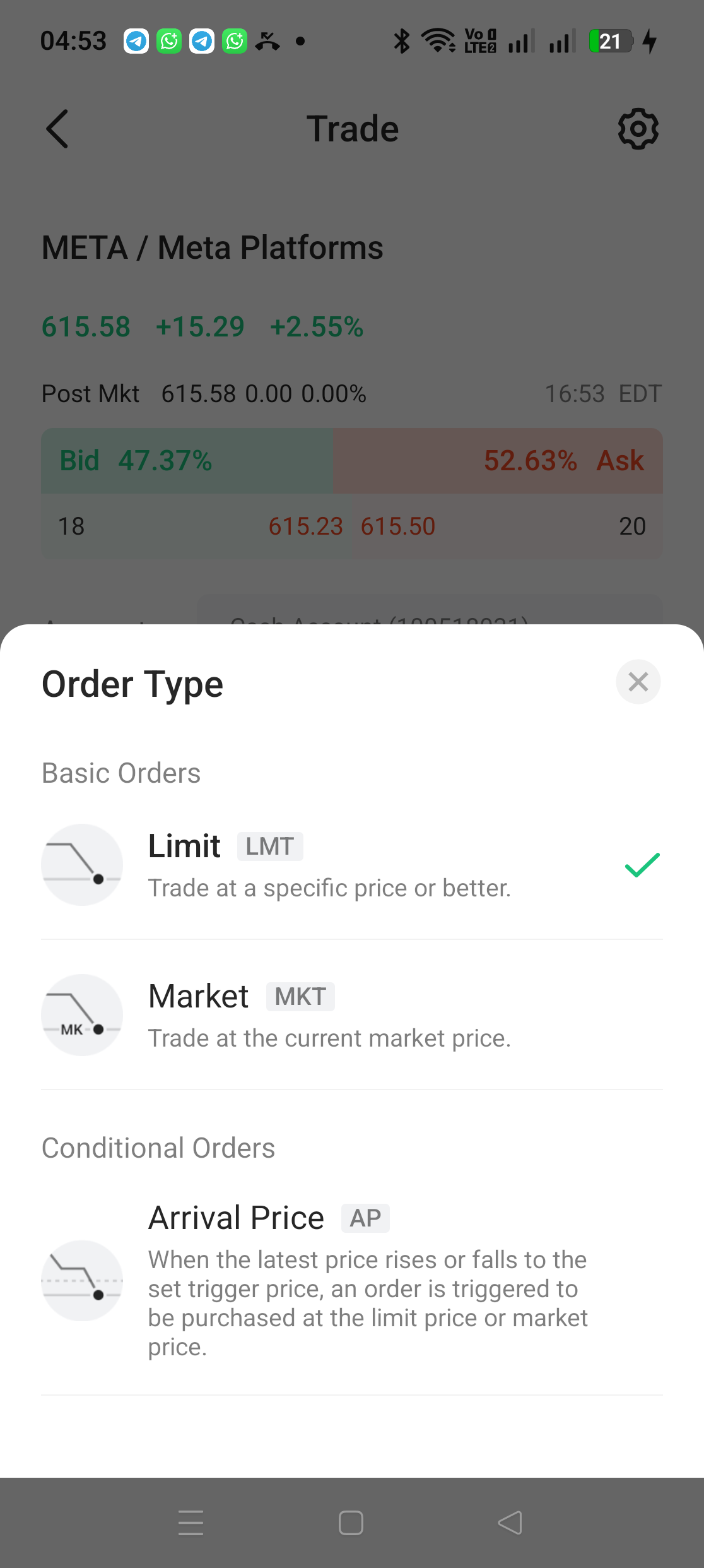 Order Type list in M+ Global showing Basic Orders Limit and Market plus Conditional Orders Arrival Price