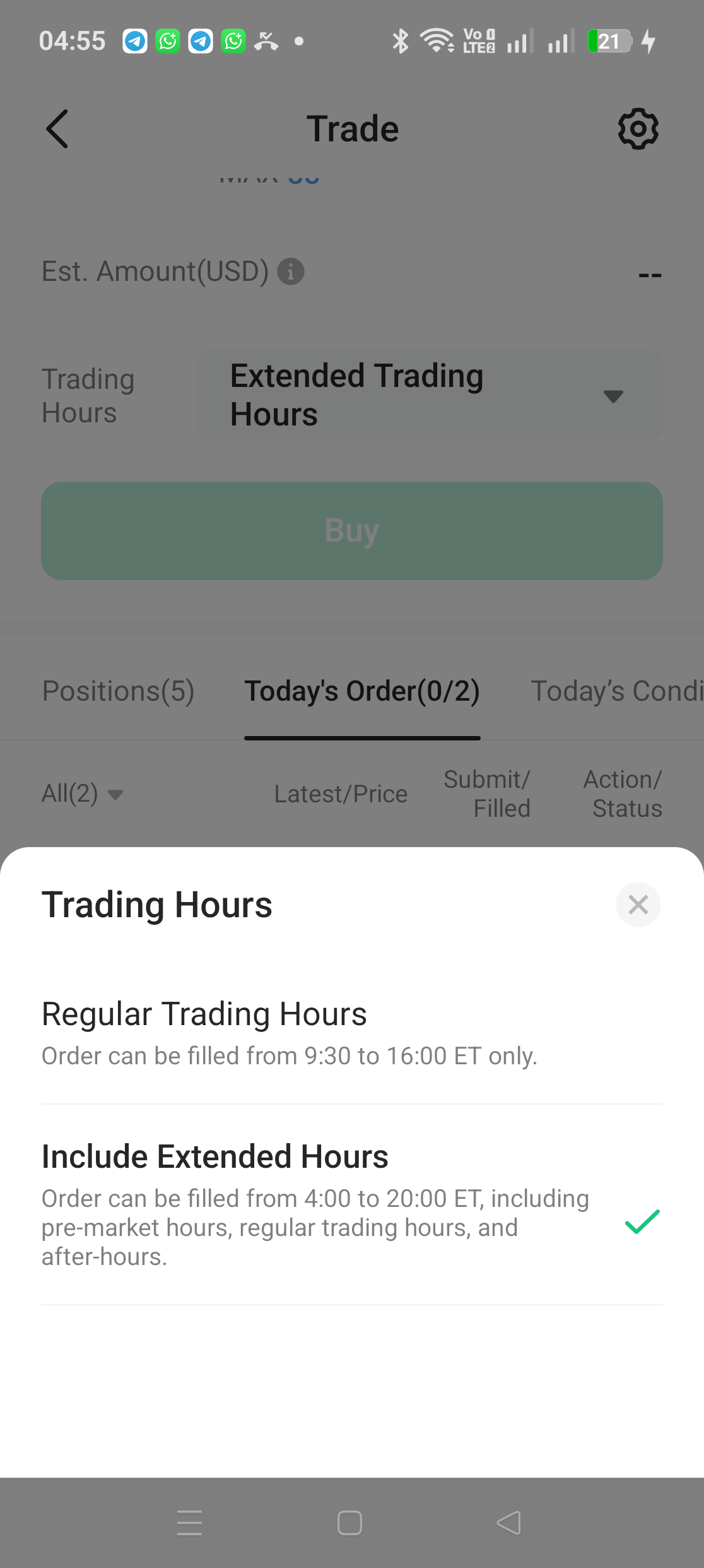 Trading Hours options in M+ Global showing Regular Trading Hours 9:30 to 16:00 ET and Include Extended Hours 4:00 to 20:00 ET