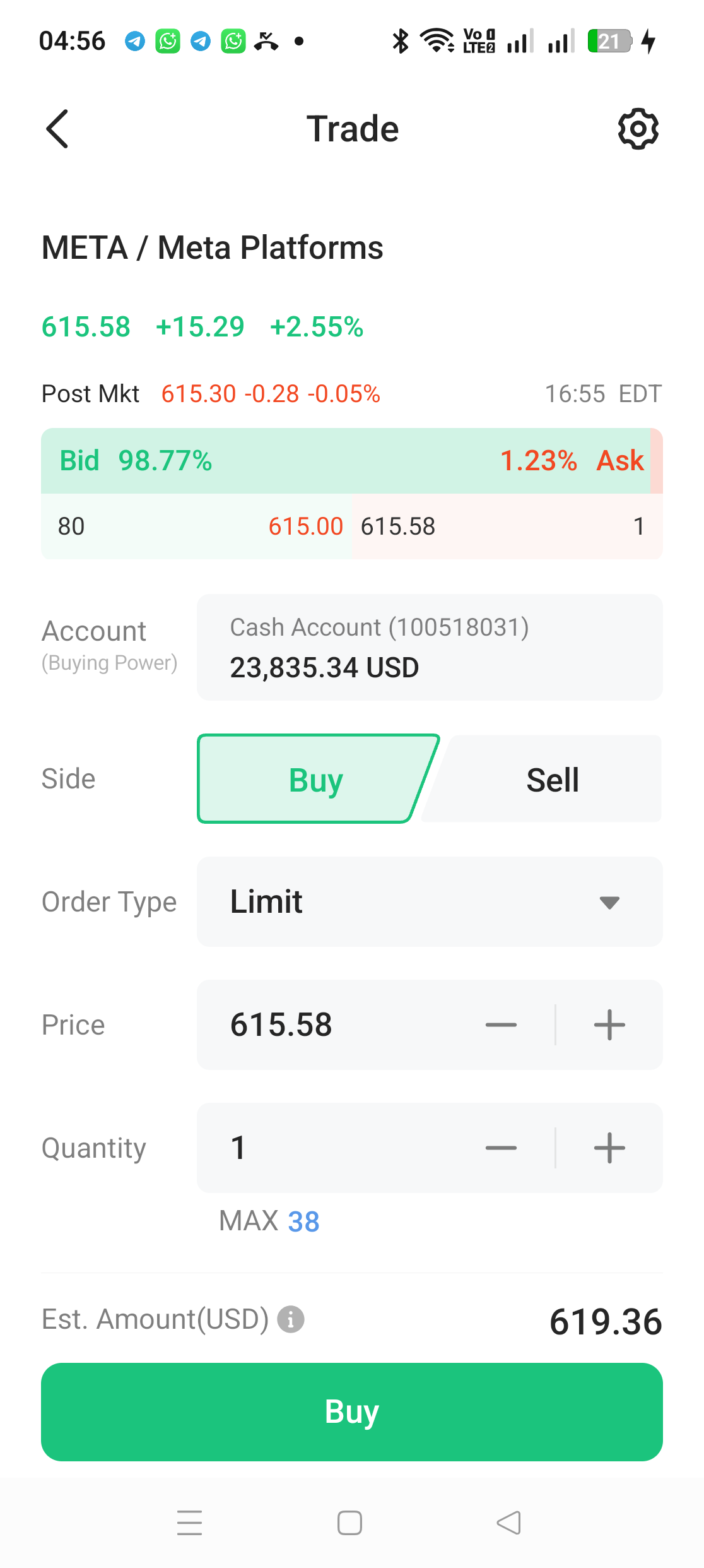 Completed META order ticket with limit price 615.58 equal to the ask price, quantity 1 share and estimated amount 619.36 USD