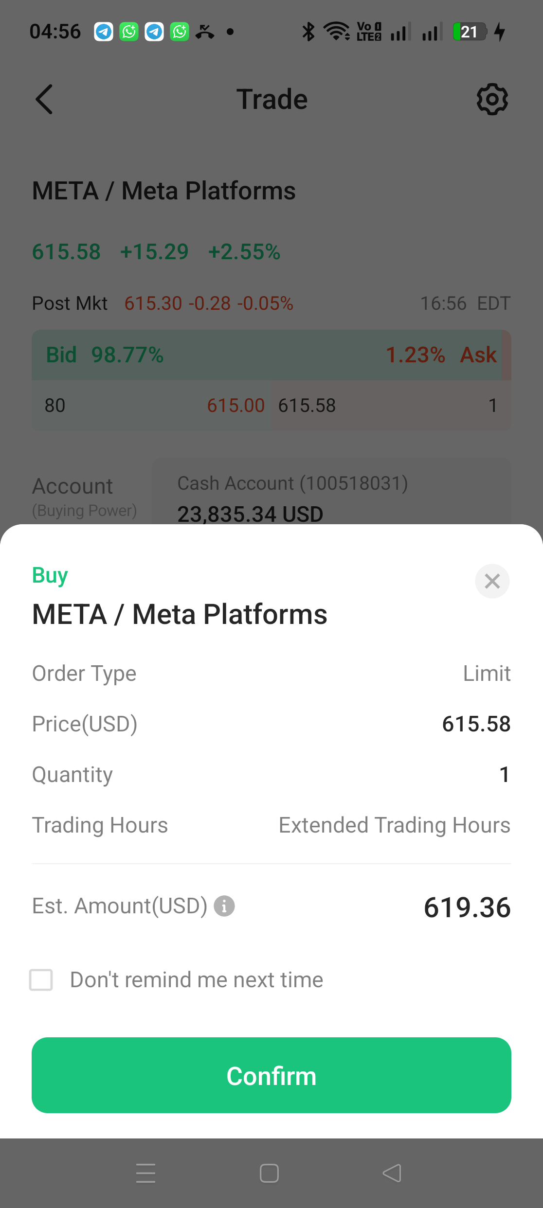 M+ Global order confirmation screen showing Buy META Limit 615.58 quantity 1 Extended Trading Hours and estimated amount 619.36 USD