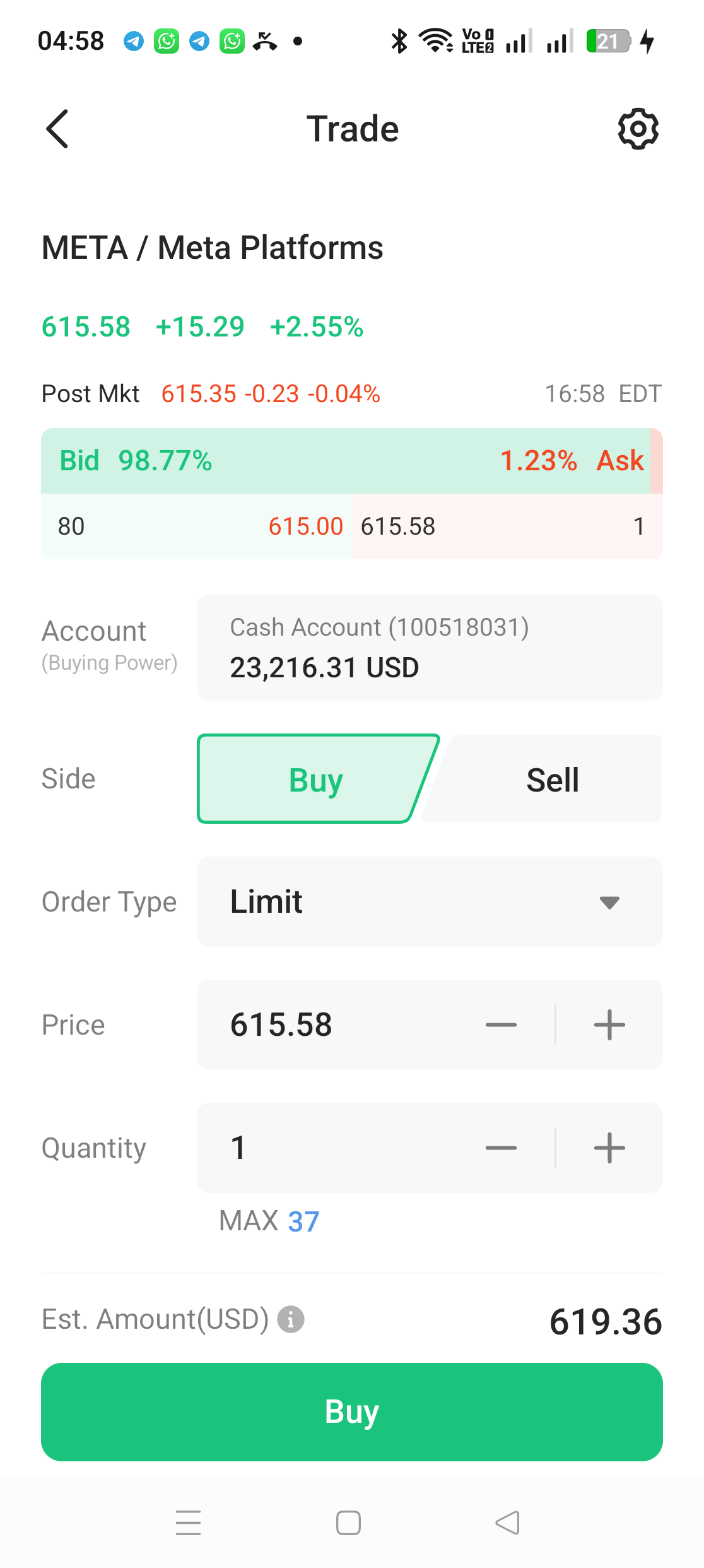 Order Filled notification in M+ Global showing Buy META.US 1 share at price 615.28