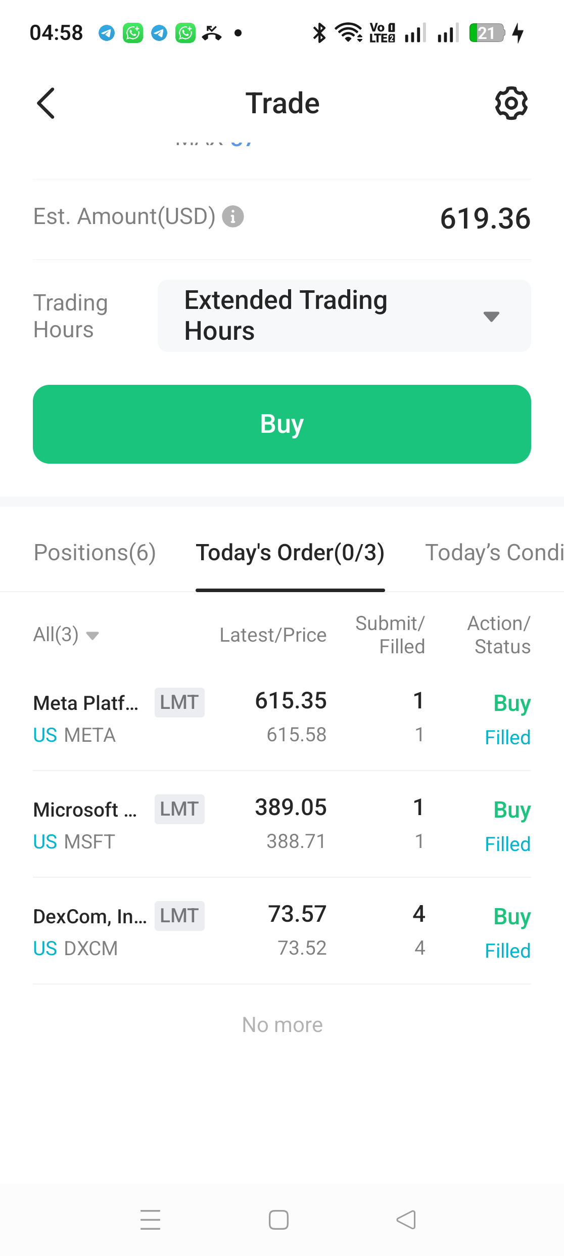 Today's Order tab in M+ Global showing the META LMT order with status 1 of 1 Filled