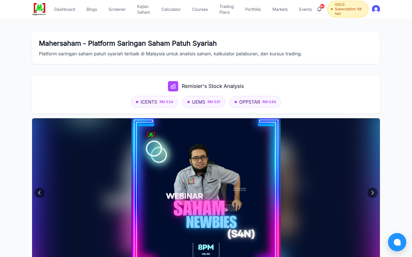 Mahersaham.com homepage showing the navigation menu and Remisier's Stock Analysis