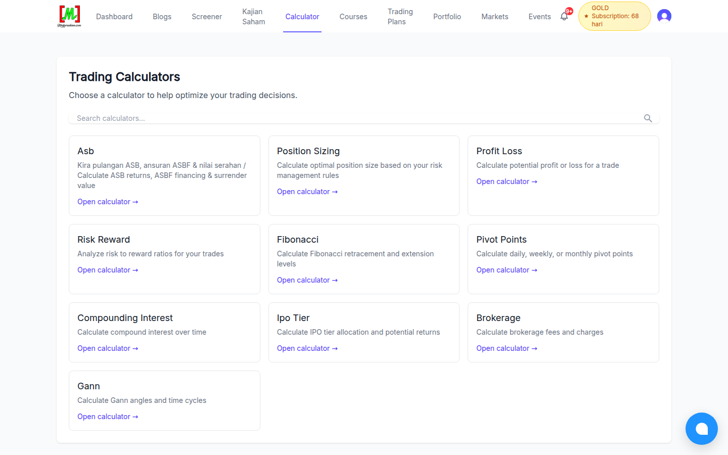 The Trading Calculators page including Position Sizing and Brokerage calculators