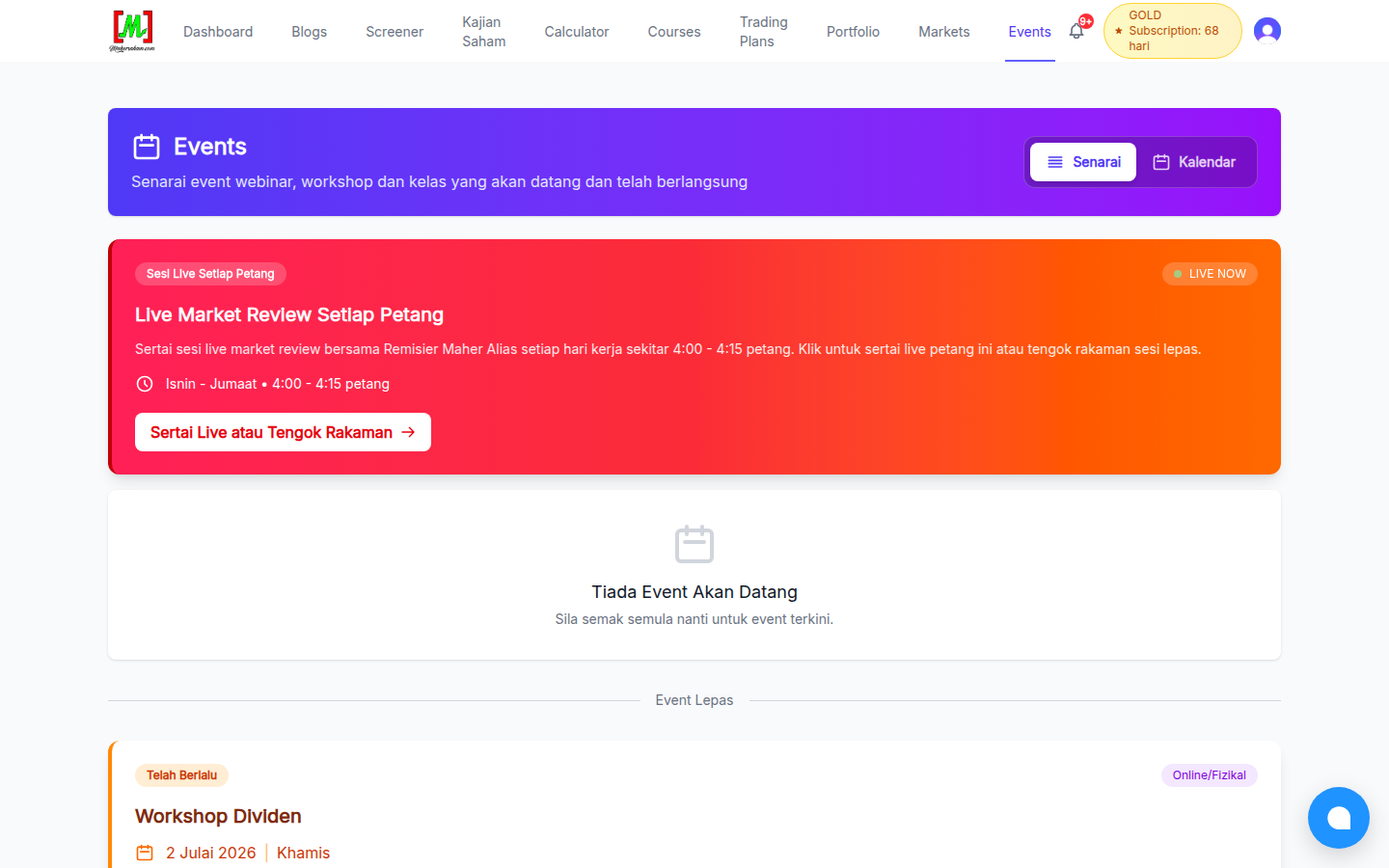 The Events page showing the daily Live Market Review and event list