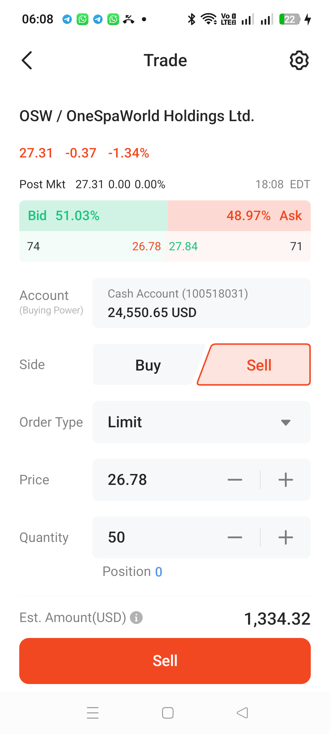Notifikasi Order Filled untuk jualan OSW 50 unit pada harga 26.78 dengan buying power meningkat kepada 24550.65