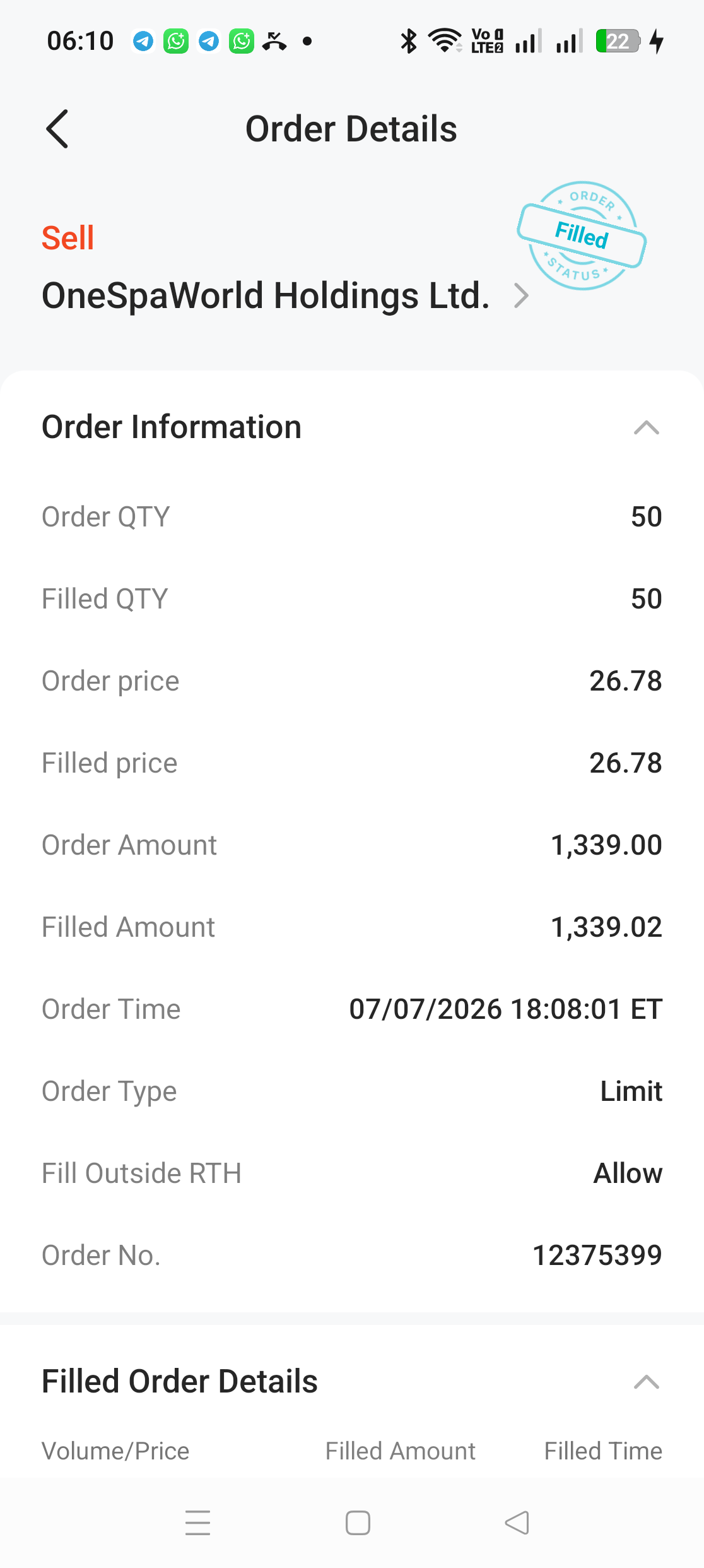 Order Details jualan OSW menunjukkan 50 unit filled pada 26.78 dengan jumlah 1339.02 dan Fill Outside RTH Allow