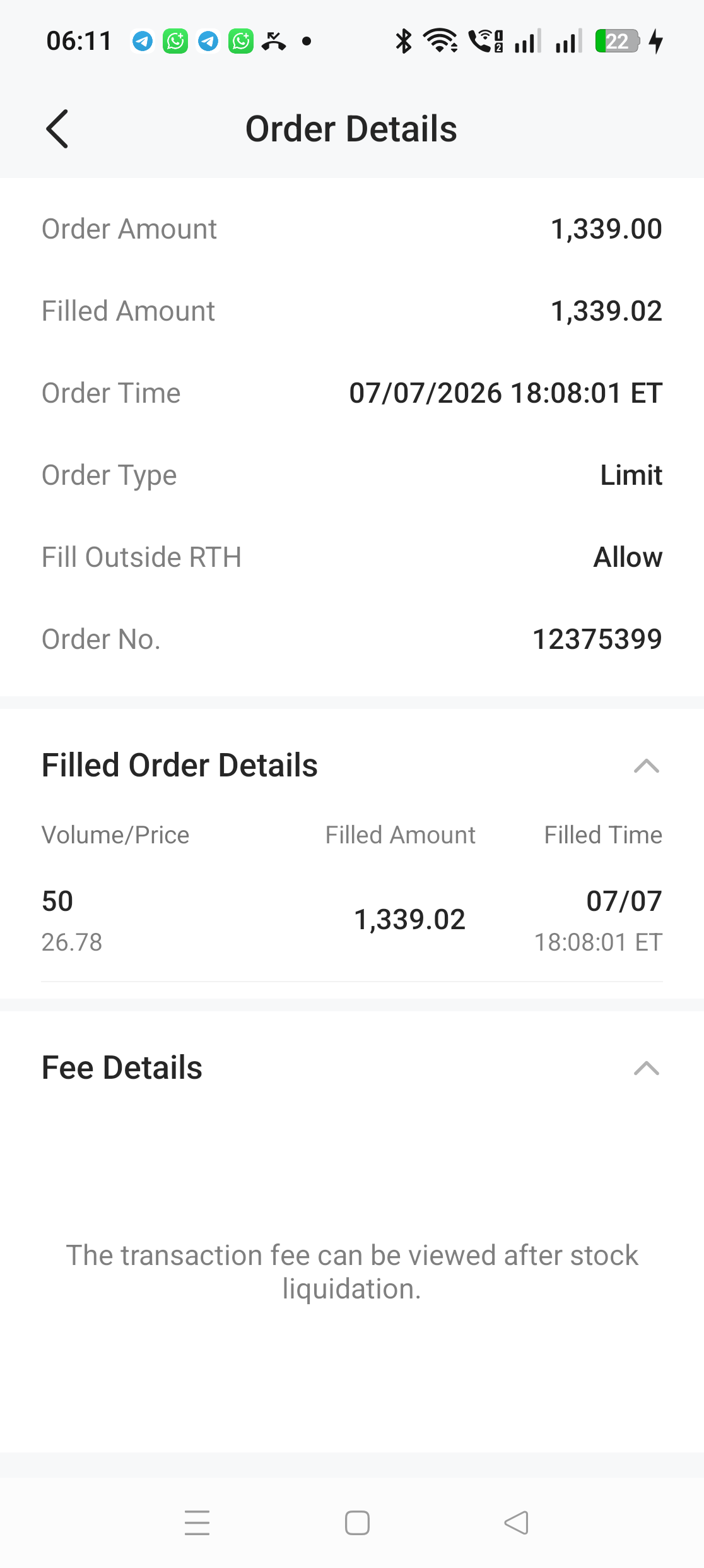 Seksyen Fee Details selepas jualan memaparkan mesej The transaction fee can be viewed after stock liquidation