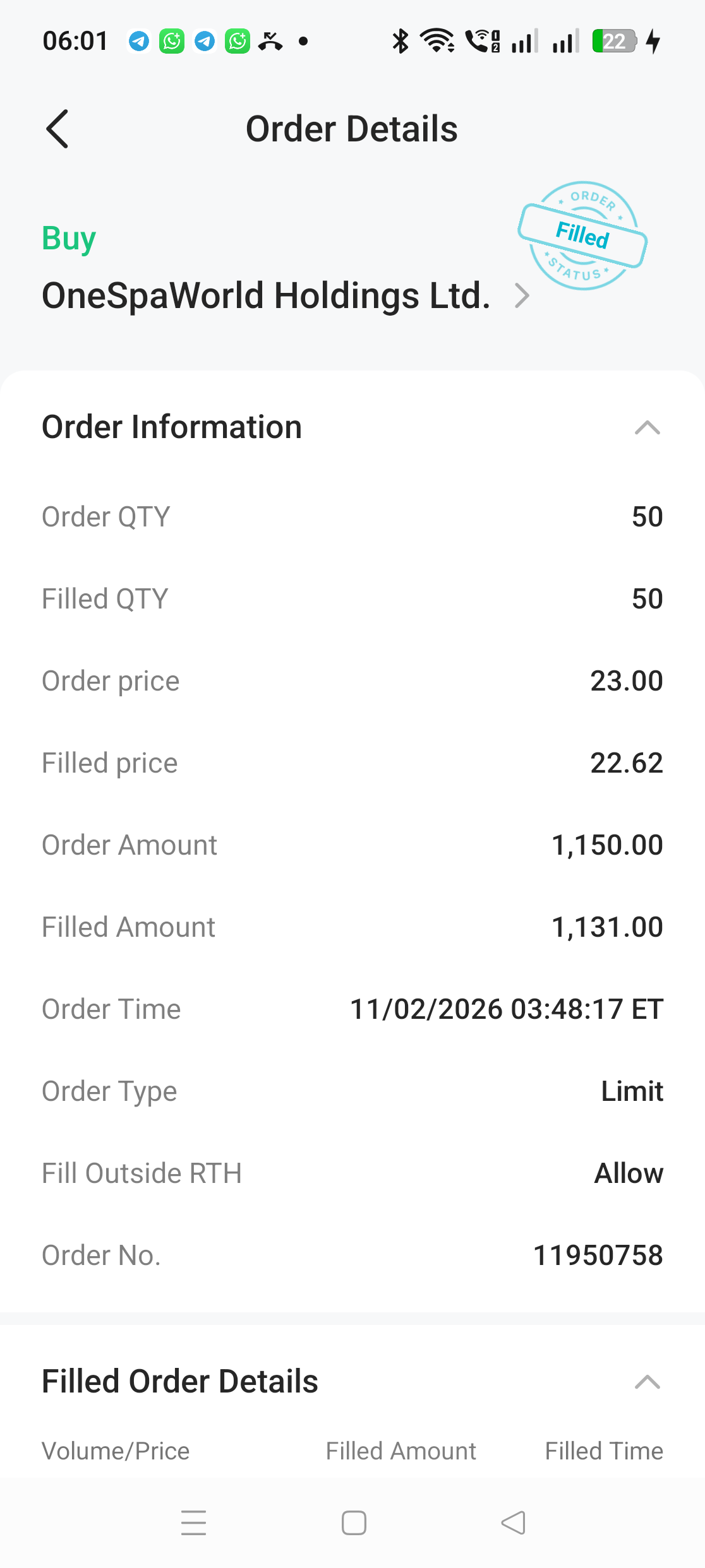 Order Details belian asal OSW menunjukkan 50 unit filled pada 22.62 dengan jumlah 1131 USD pada 11 Februari 2026