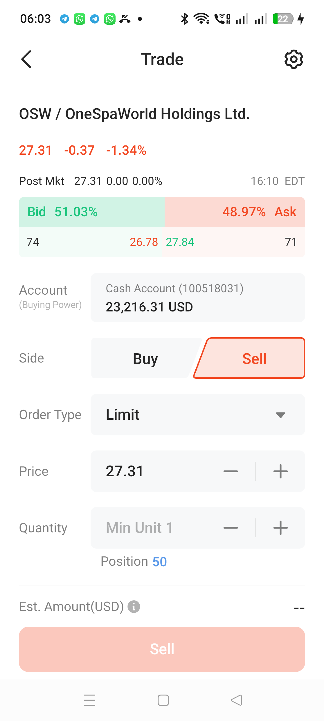 Tiket jual OSW dalam M+ Global dengan Side Sell berwarna merah menunjukkan bid 26.78 dan ask 27.84 serta link Position 50