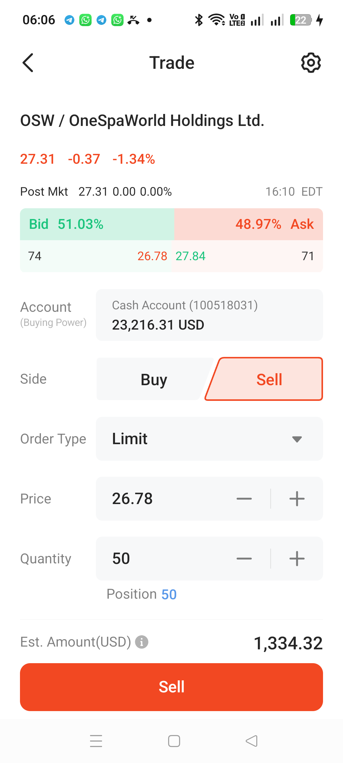 Tiket jual lengkap OSW dengan harga limit 26.78 sama dengan bid, kuantiti 50 unit dan anggaran hasil 1334.32 USD