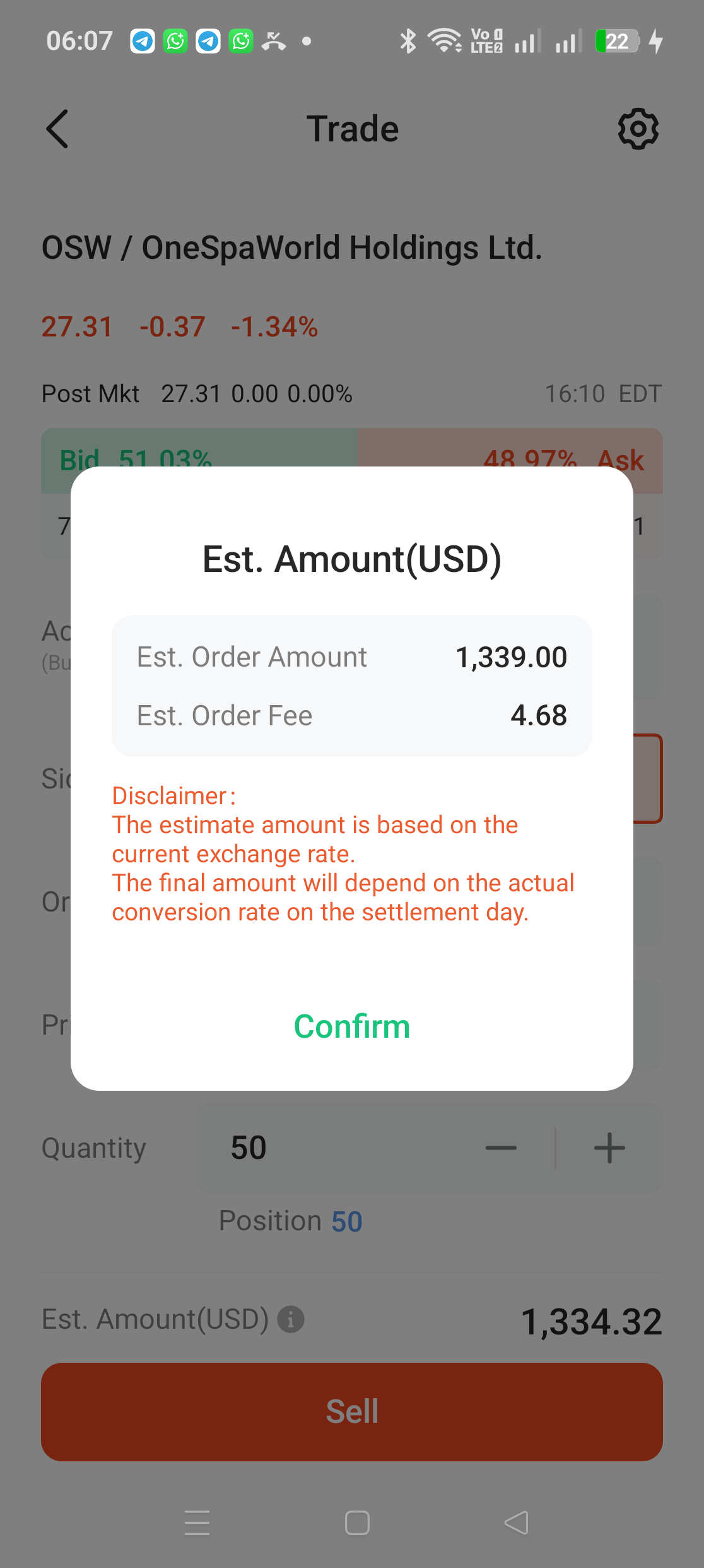 Popup Est Amount untuk jualan OSW menunjukkan Est Order Amount 1339.00 dan Est Order Fee 4.68