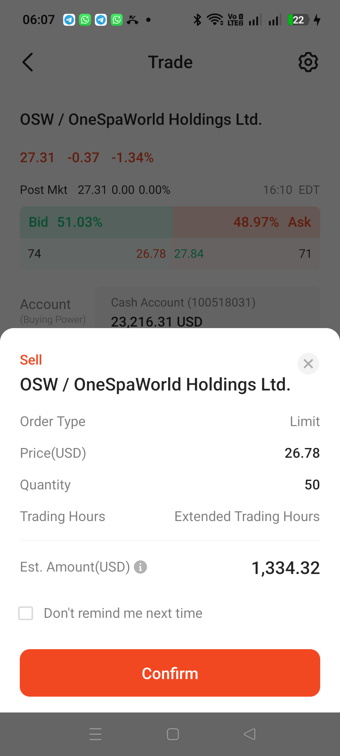 Skrin pengesahan jualan OSW menunjukkan Sell Limit 26.78 kuantiti 50 Extended Trading Hours dan anggaran 1334.32